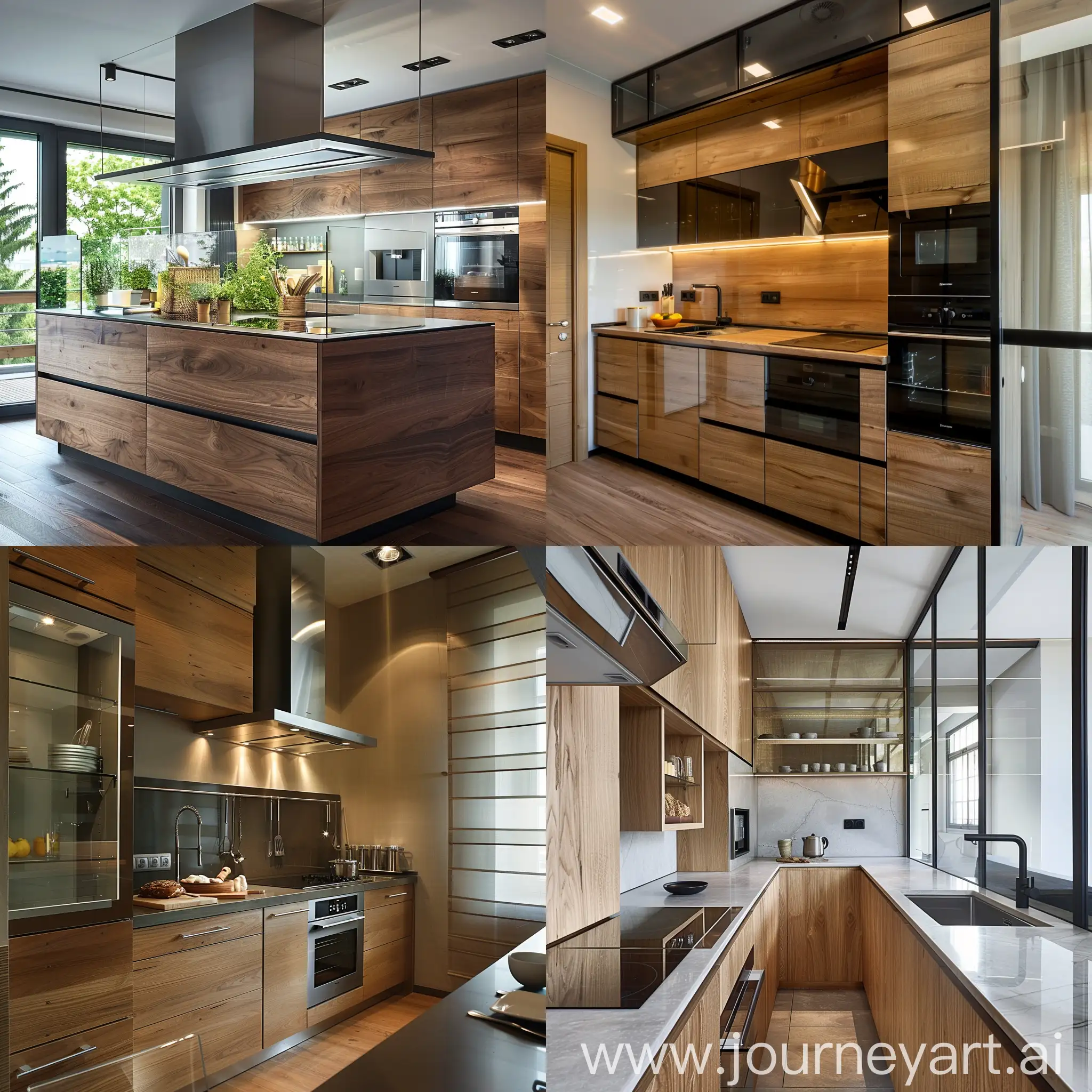 modern kitchen, wood and glass, room size 3x3