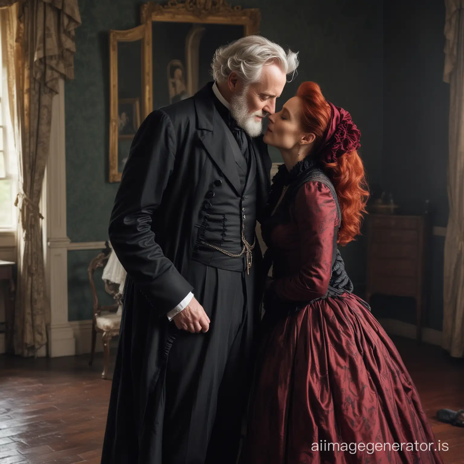 red hair Gillian Anderson wearing a dark crimson floor-length loose billowing 1860 Victorian crinoline dress with a frilly bonnet kissing an old man dressed in a black Victorian suit who seems to be her newlywed husband
