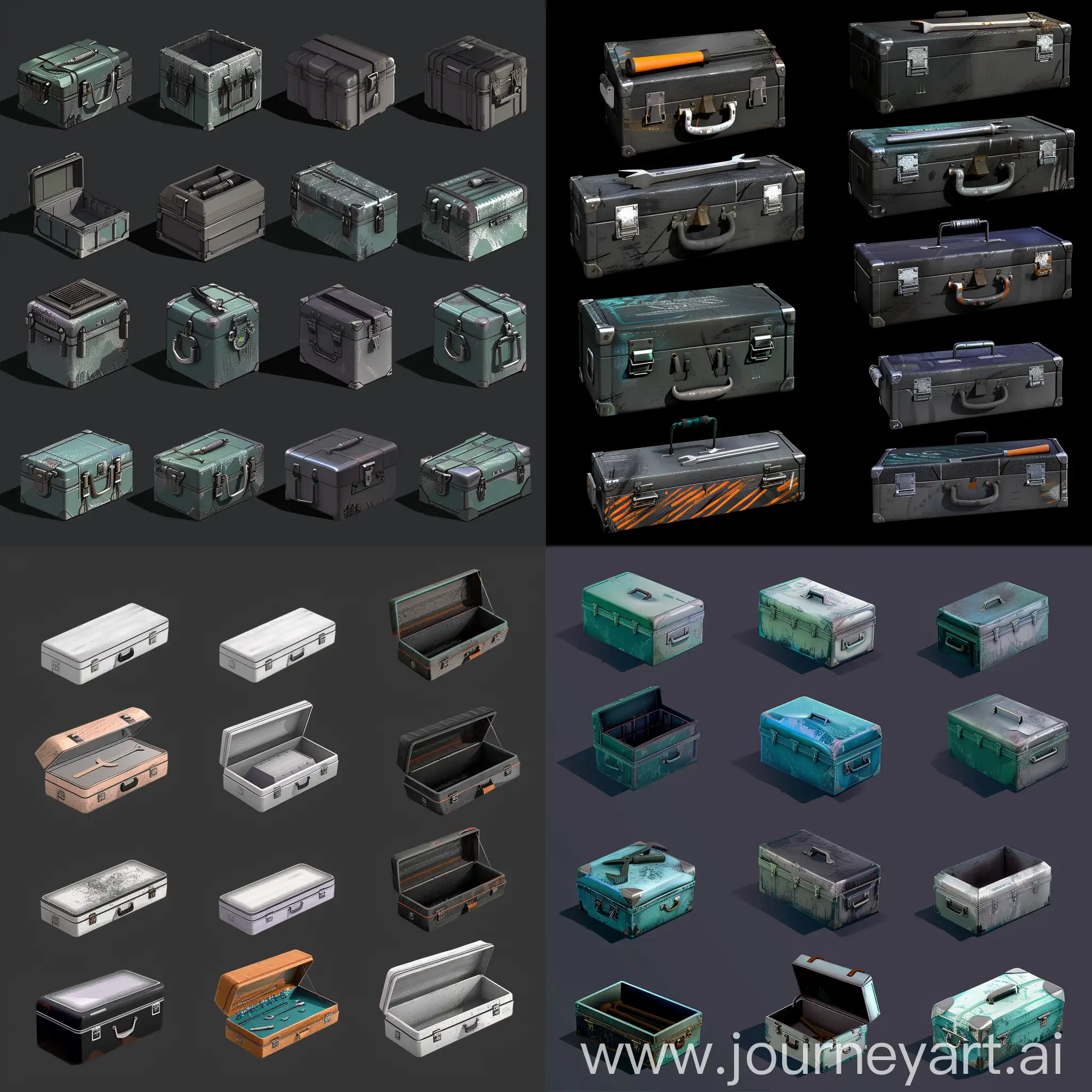 https://i.imgur.com/9T6eIaH.png isometric set of old instrument kit repair tools metal boxes without details in style of unreal engine 5, isometric set, orthographic projection, ultrarealistic style --style raw --chaos 20