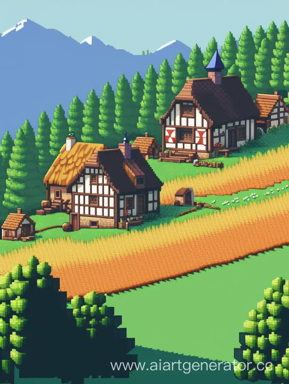 Pixel-Art-European-Village-on-Isolated-Hill-Field