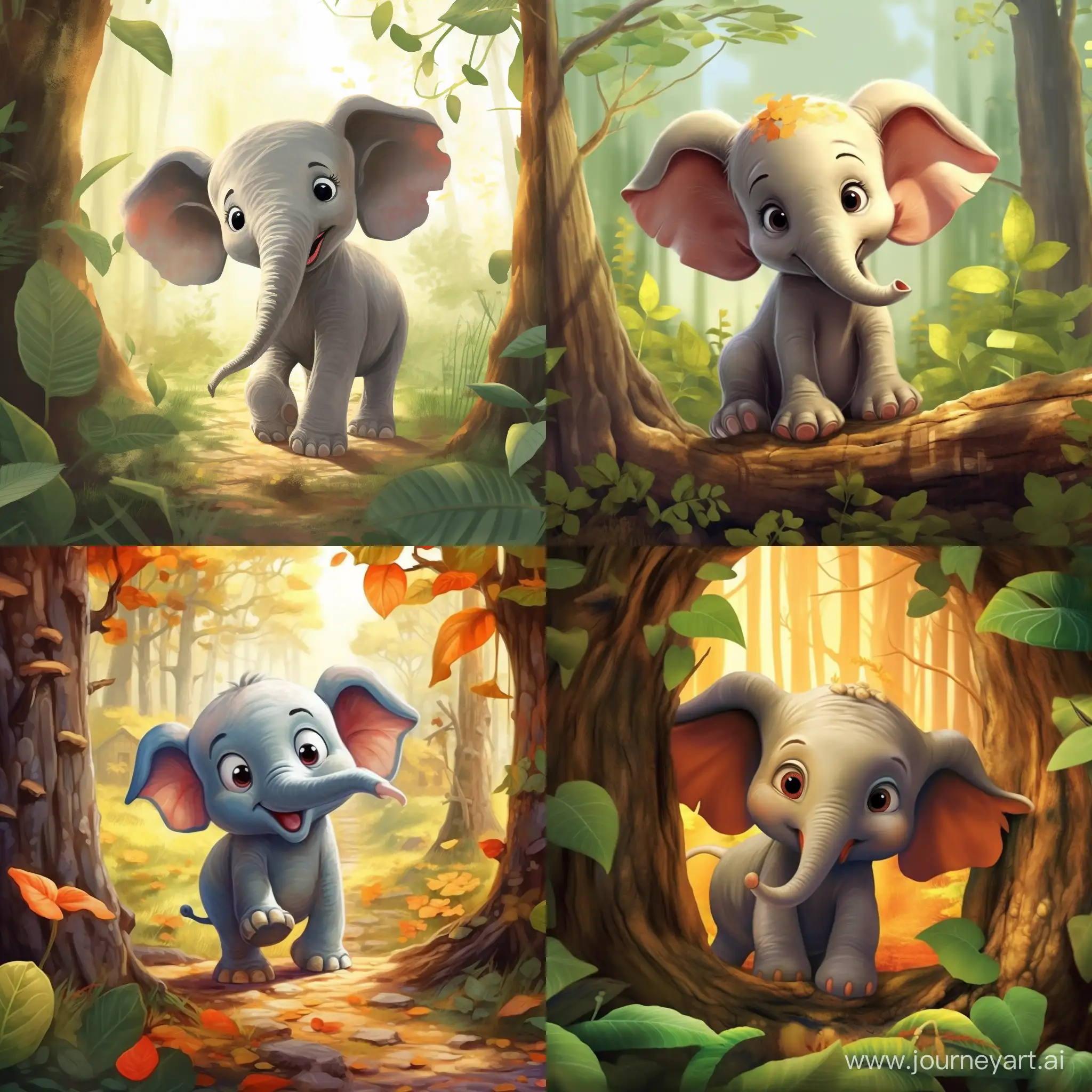 Once upon a time, Ellie the elephant lived in the forest near a small village. Ellie is a cute little elephant, and she always loved to play hide and seek with her friends, in cartoon style