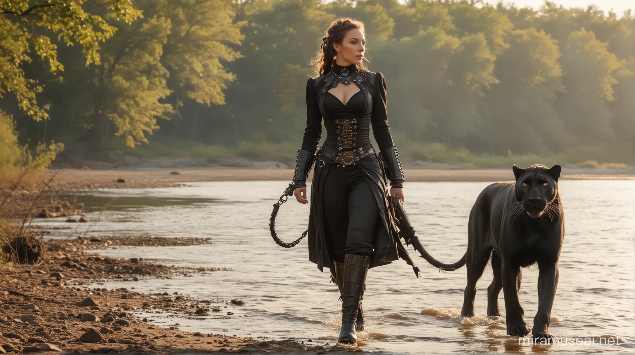 steampunk woman walks along the river shore with her black panther in a steampunk collar, sunny