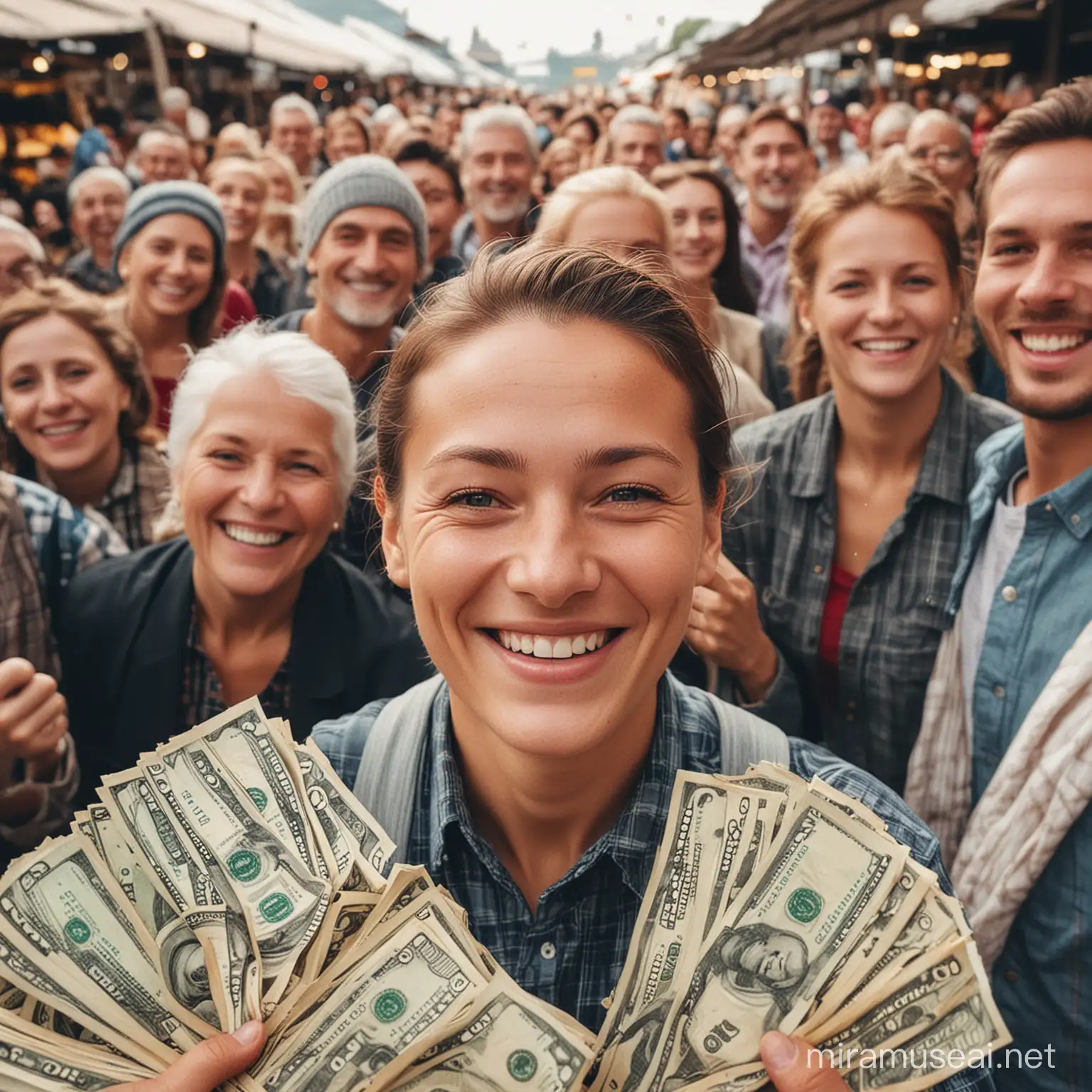 generate image with a lot of people. people are happy and smile. they are rich becouse they earn a lot of money in stoch market.