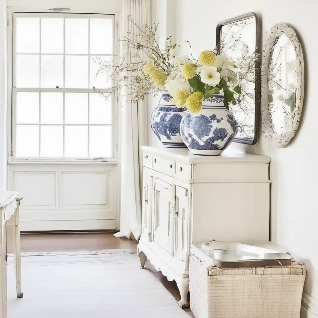 white walls, big round blue and white vase with flowers, in the Nancy Myers style, beautiful, antique paned mirror on the wall
