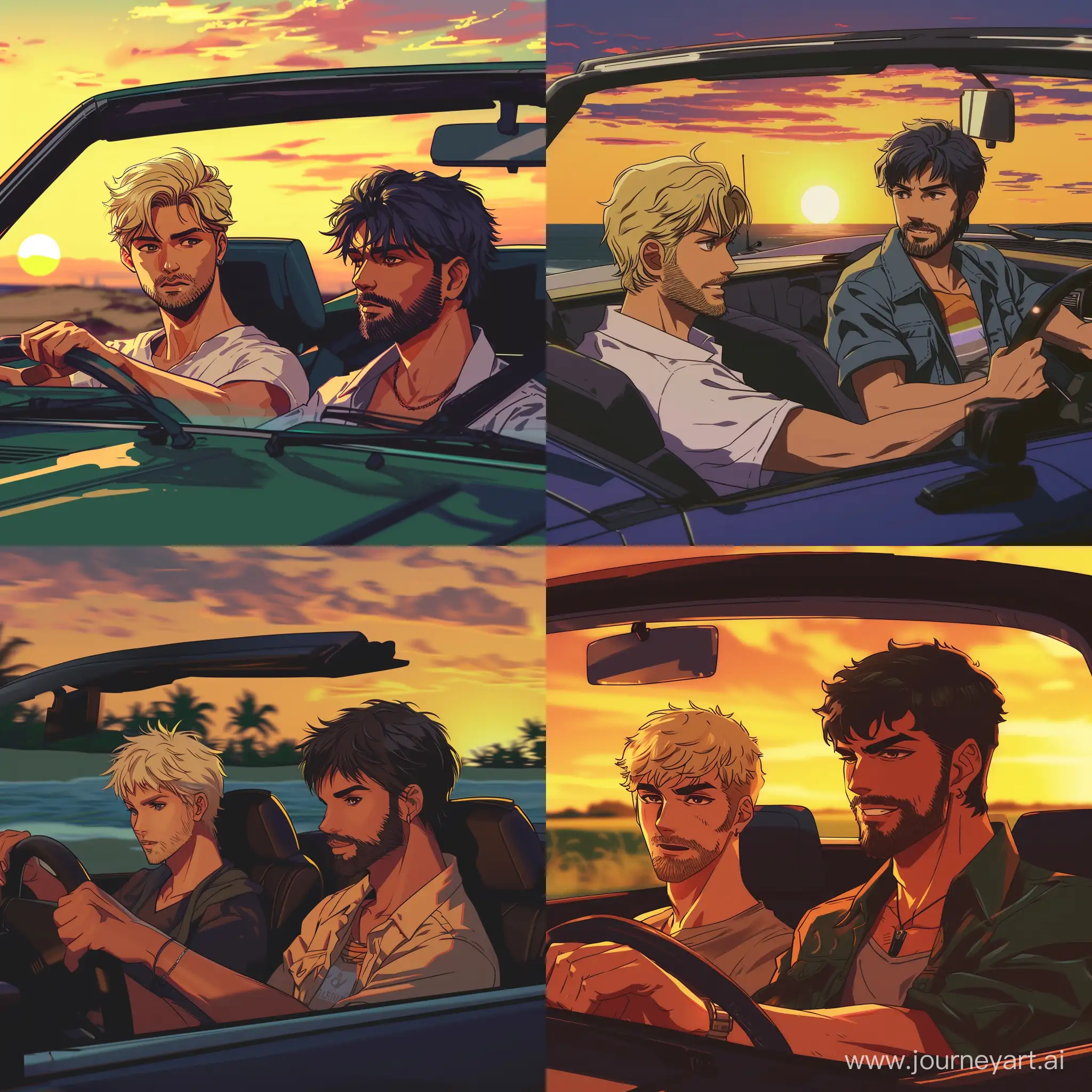 A couple of 30 year old guys driving in cabriolet to the sunset. One is blonde, another has dark hair and a short beard. 80s anime style