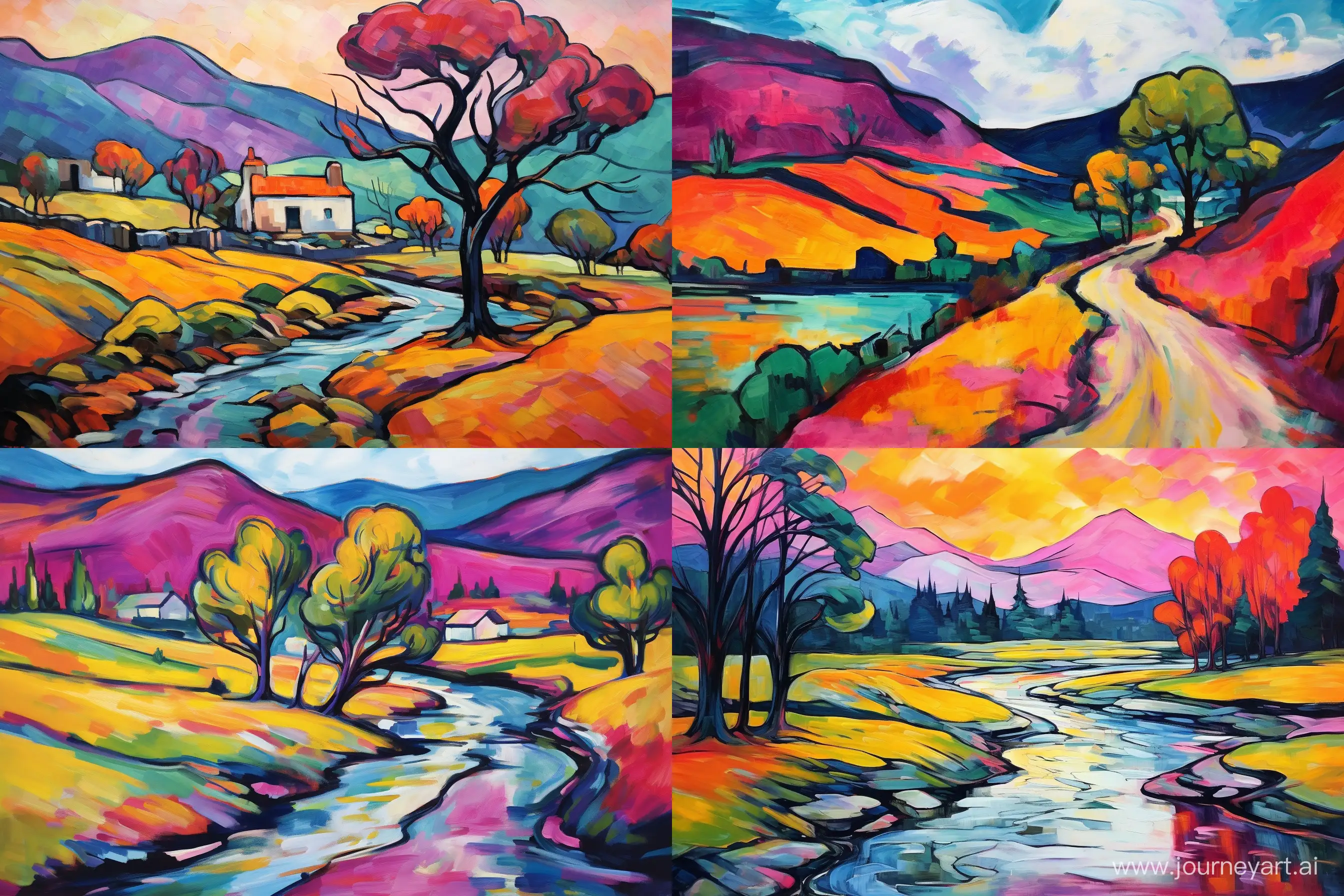 Fauvism: experiment with wild, unrealistic colors in a landscape painting. --ar 3:2