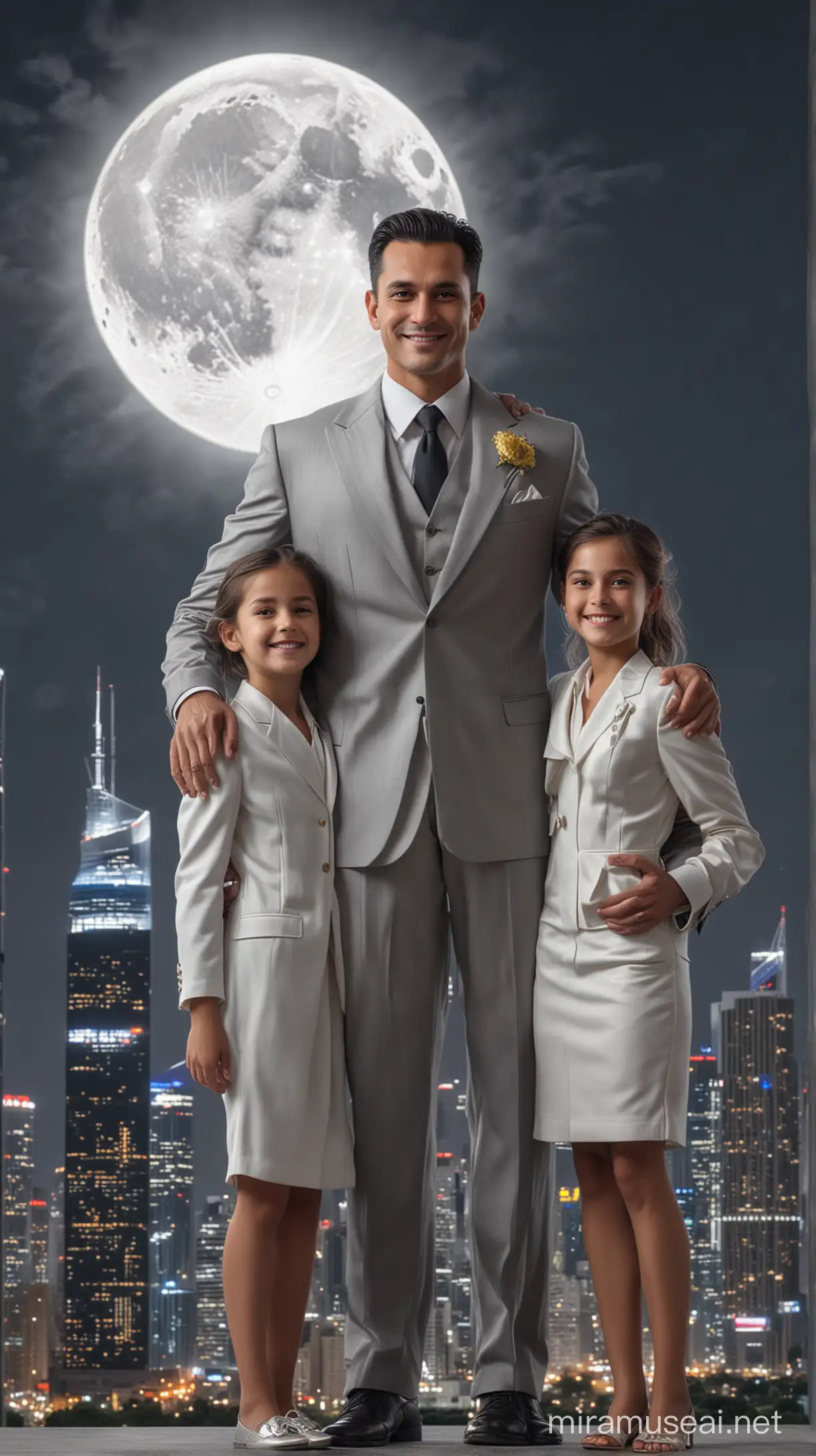 ultra realistic, against the background of the city skyscrapers and a large bright full moon, standing at full height, 40-year-old Miles Moralez, mature and physically strong, in a shining suit, smiling and friendly, surrounded by his daughter, 18 years old, son, 12 years old, and son, 5 years old