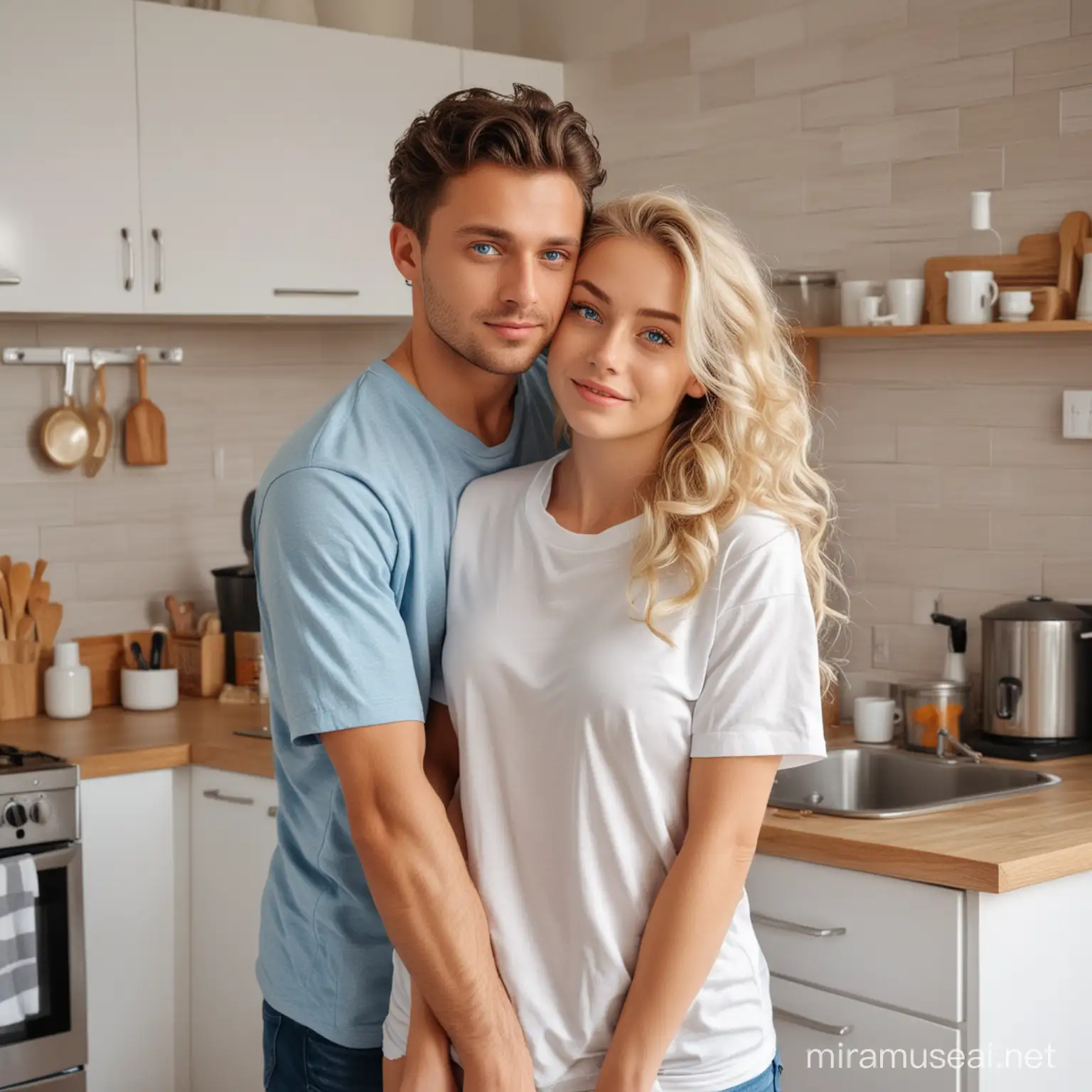 a beautiful girl with blonde hair and blue eyes in a voluminous T-shirt without pants cooks in the kitchen, a guy with dark curly hair hugs her from behind, morning, dear house, dough