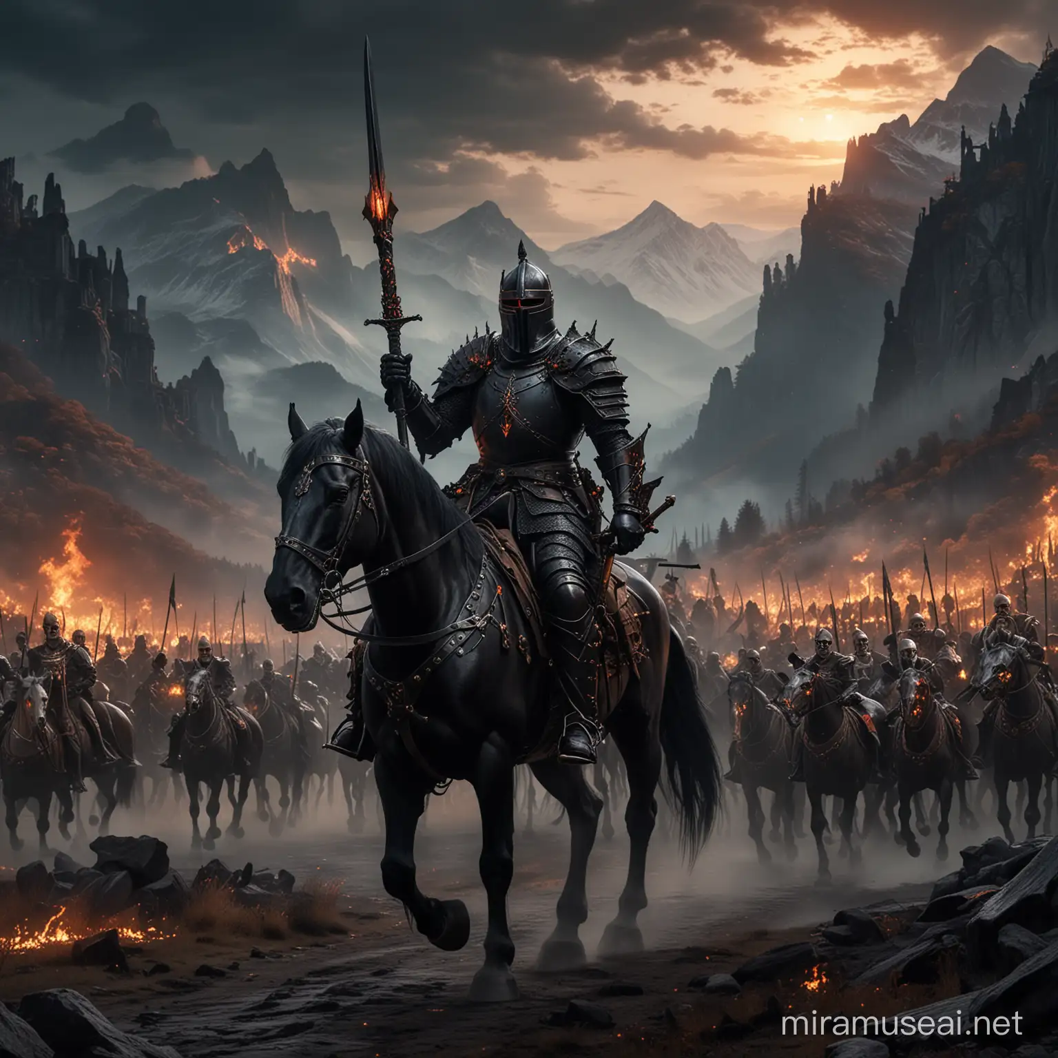 Menacing Black Knight on Horseback Surrounded by Skeletons