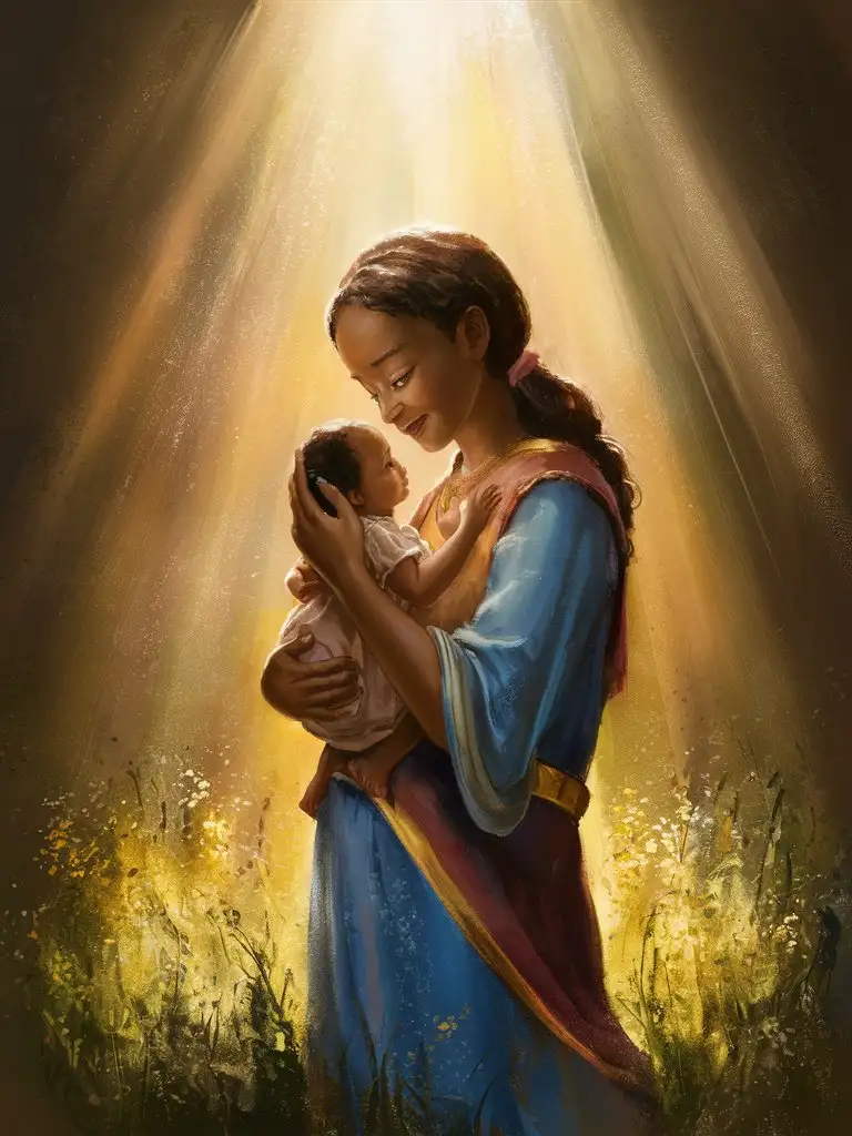 A digital painting of a young ethnic woman with a gentle smile, holding a small child in her arms, standing in a sunlit meadow with rays of light streaming down upon them. The image symbolizes the nurturing and protective love of God as seen through the bond between a mother and child.