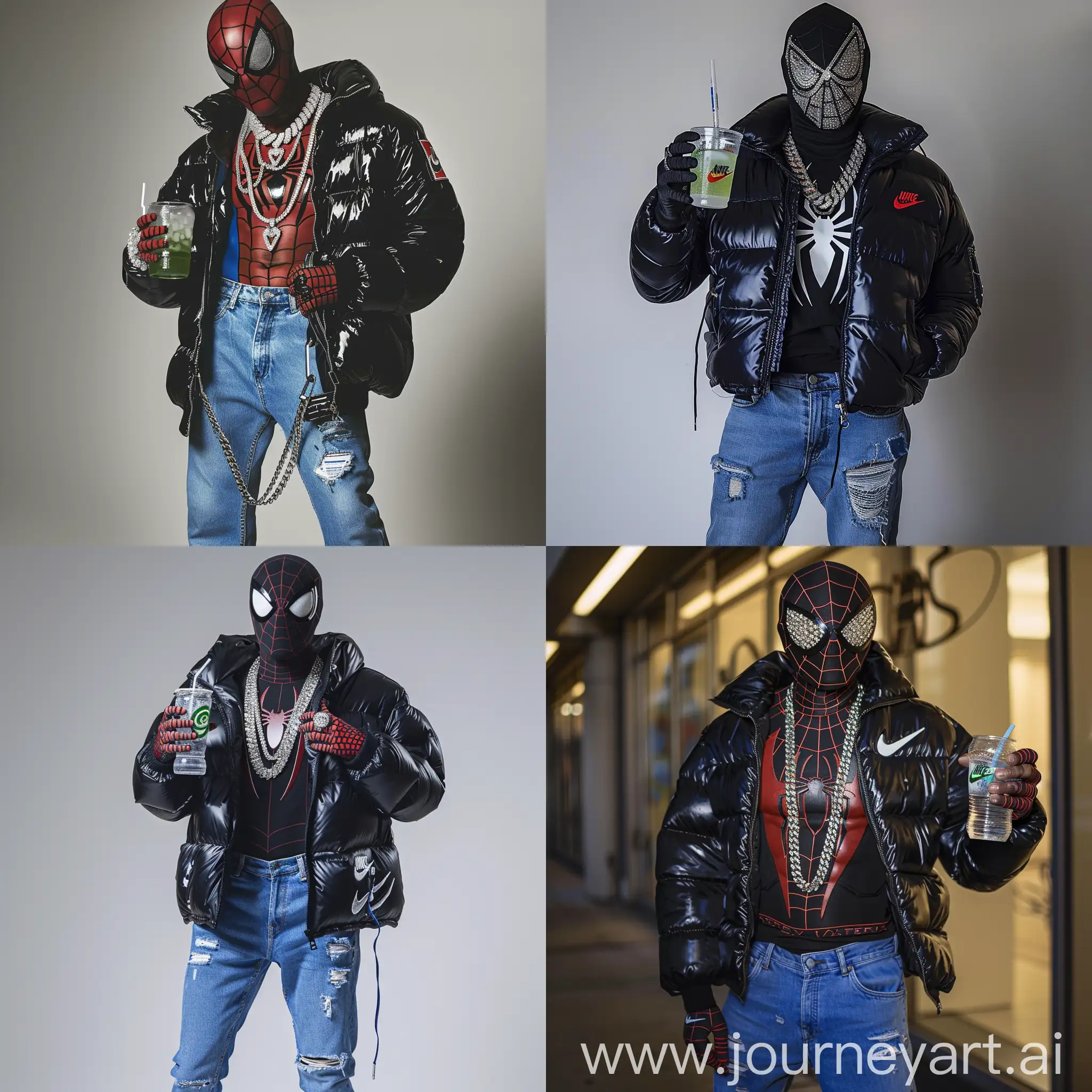 spider man with diamonds chains on,black nike puffer jacket,blue skinny jeans,black air force 1,drinking sprite