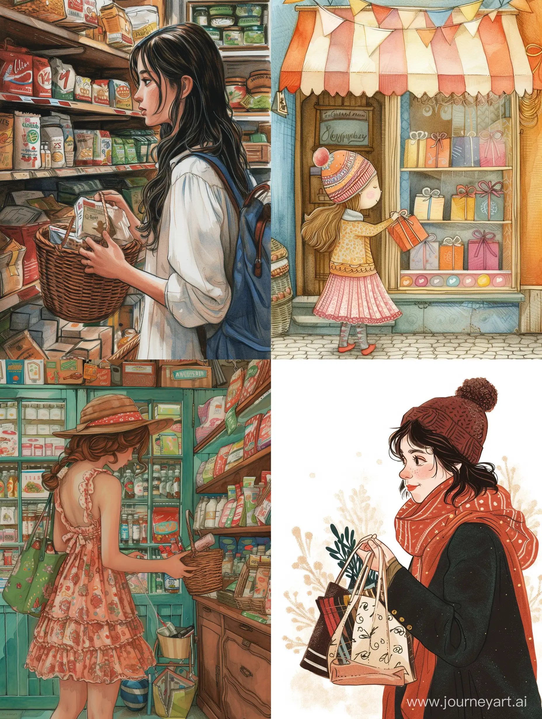 Девушка выбирает покупки, рисунок, цветная иллюстрация, красиво