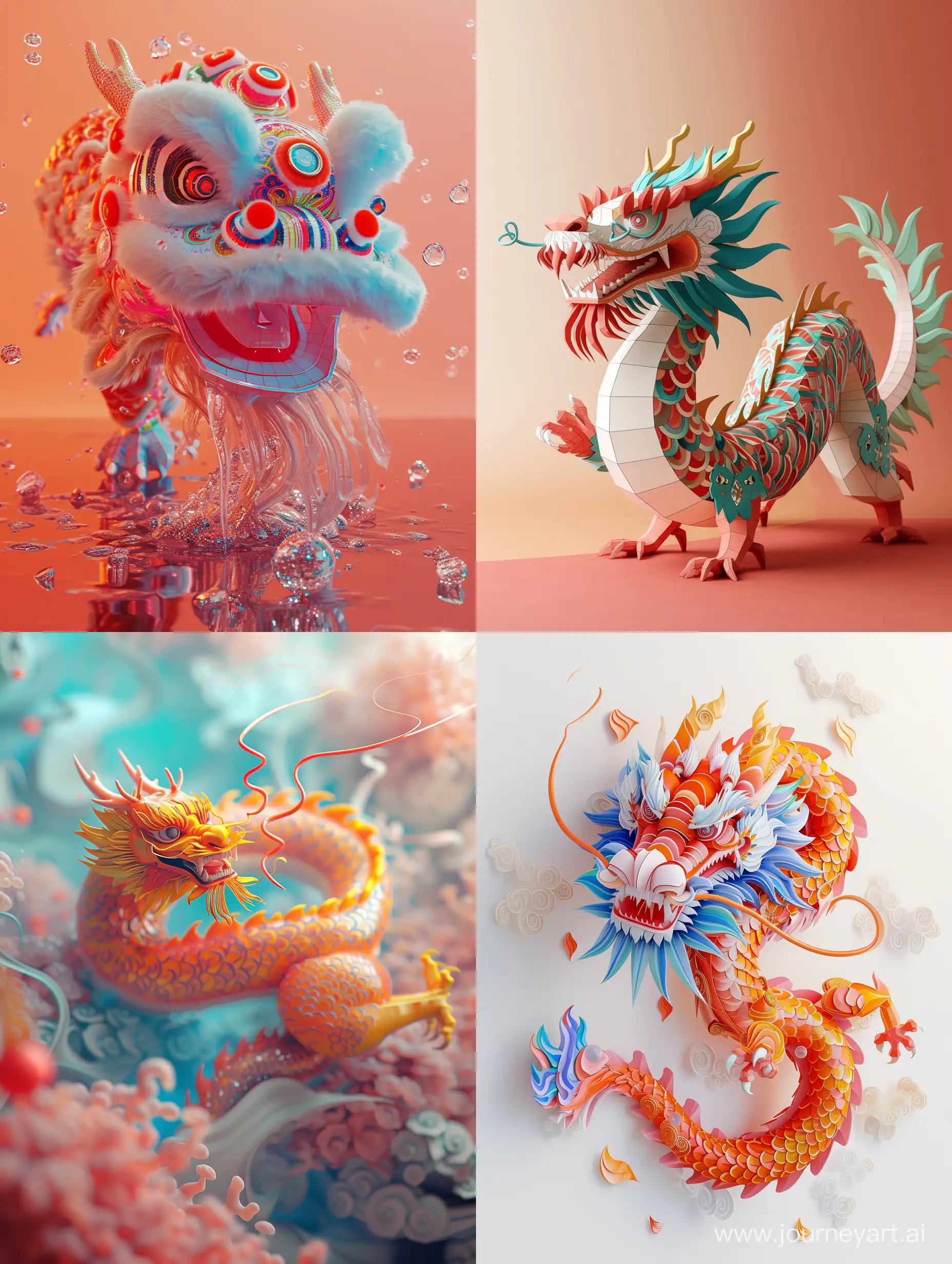 中国龙，中国新年，立体，抽象极简主义，炫彩，自然光线