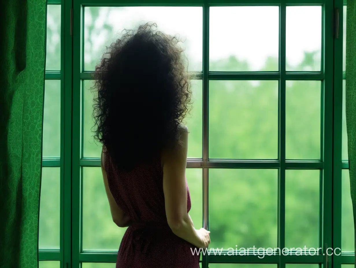 Женщина с вьющимися тёмными вллосами смотрит в окно, вид со спины, за окном зелёный фон. Общий фон тёмный.