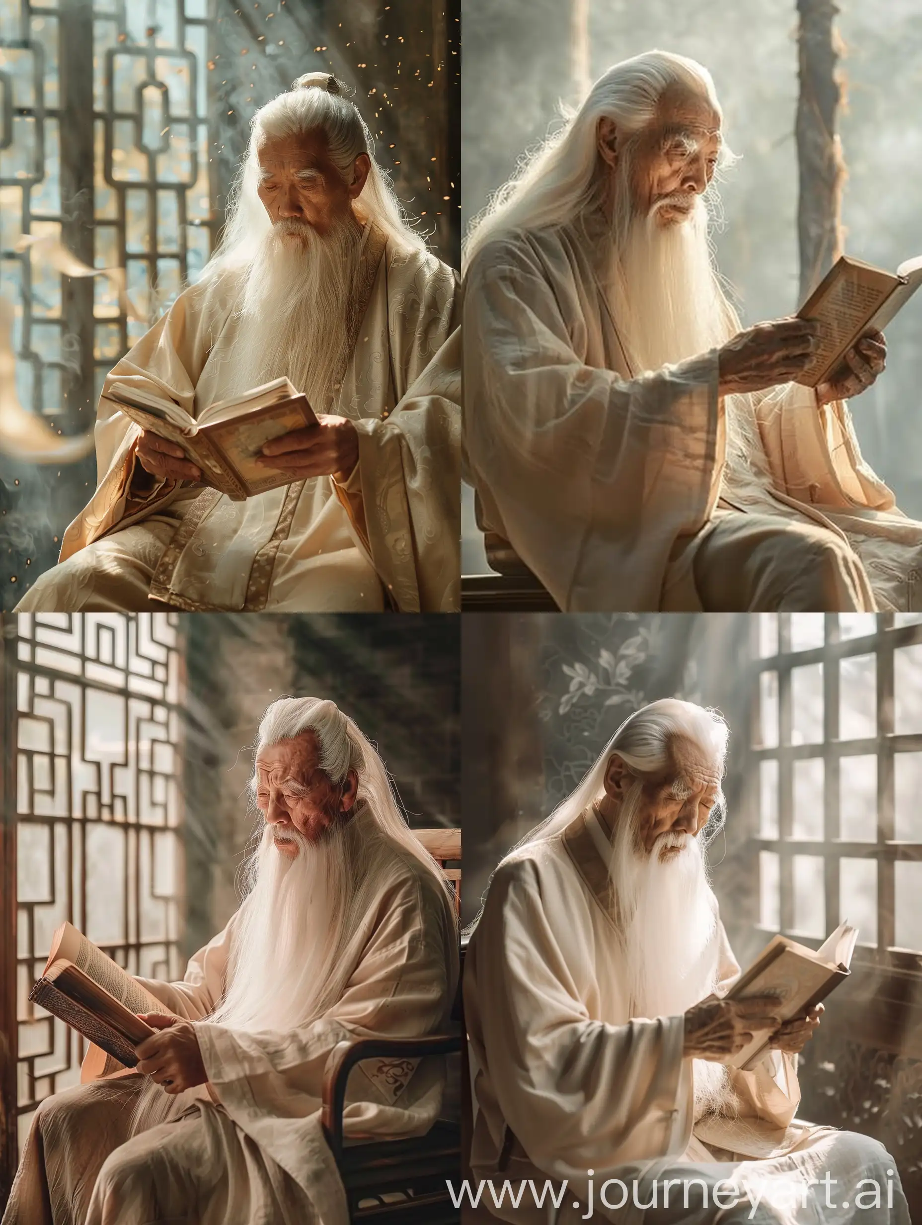 在这个电影般的场景中，一个留着长长白胡子的中国老人坐在一把古朴的椅子上，手捧着一本书专注地阅读。他的脸上洋溢着岁月的痕迹，透露出智慧和沉静。老人身穿传统的中国服饰，呈现出受中国古代艺术影响的风格。他的手指轻轻翻动着书页，仿佛在触摸着历史的印记。他穿着中国传统服装，采用深米色和浅琥珀色，展现出中国古代人的独特韵味。整个场景弥漫着一种深沉而神秘的氛围，仿佛将人们带入了一个古老的文化殿堂。光线透过窗户洒在老人身上，营造出一种梦幻般的效果。这个电影般的场景将中国古代艺术的影响融入其中，展现出文化的底蕴和深度。老人的阅读姿态和周围的环境相得益彰，仿佛在诉说着一个古老而美丽的故事。