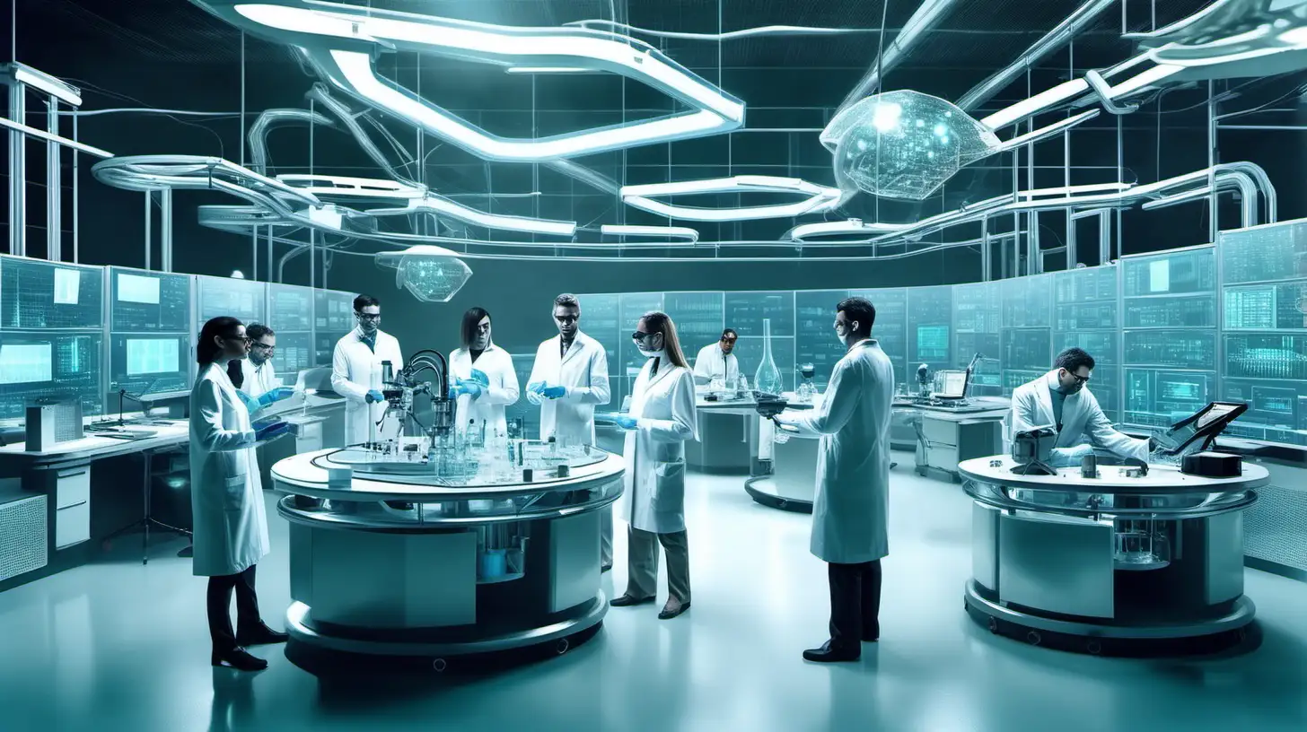 Futuristic AI Research Laboratory with Scientists Innovating Technology