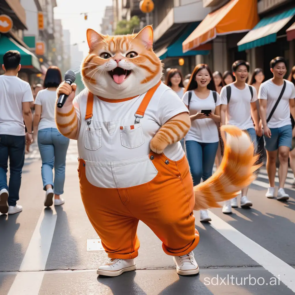 An anthropomorphic orange cat, slightly chubby, wearing a white T-shirt, overalls, and canvas shoes, was singing on the street, with many people watching.