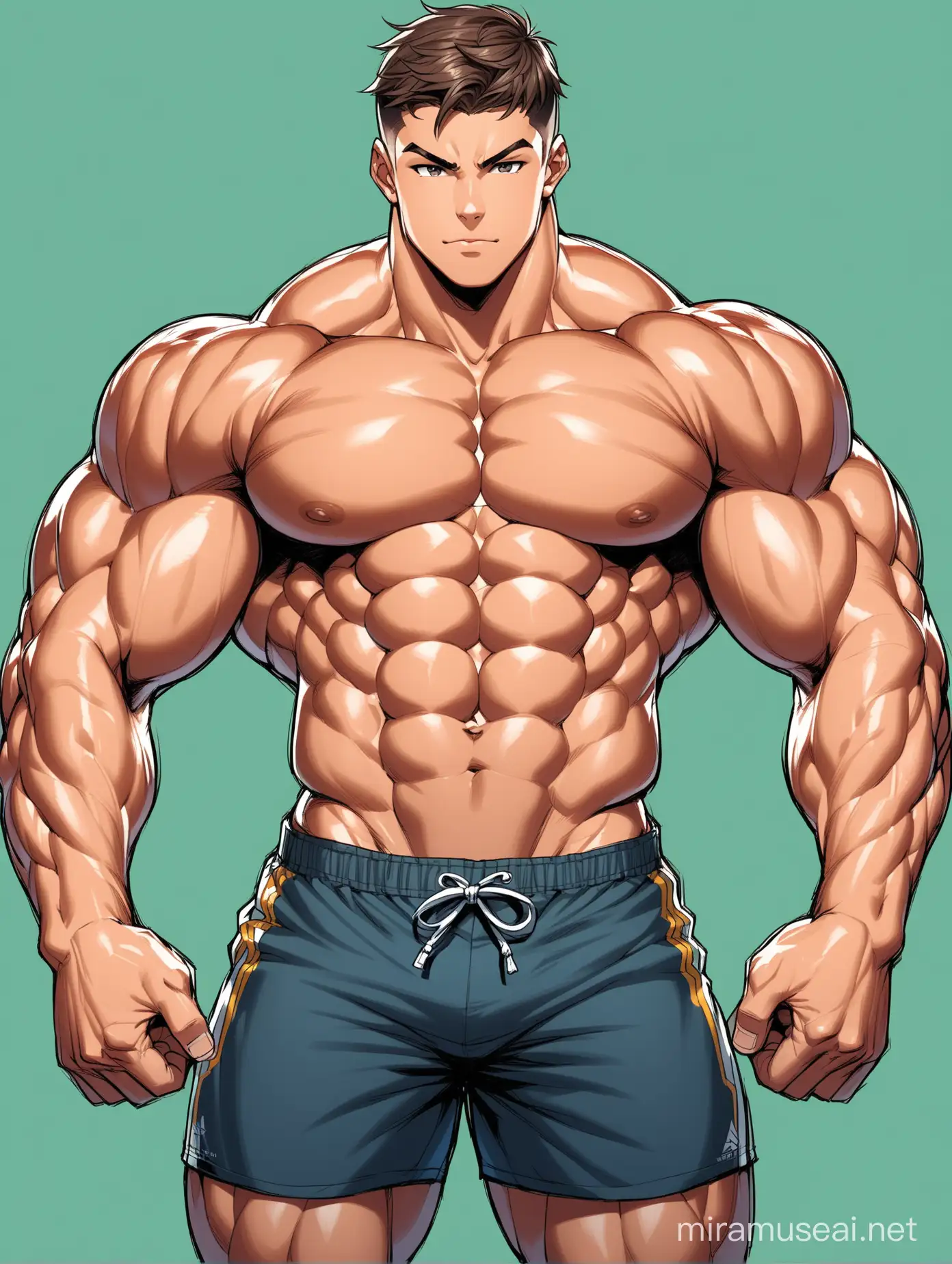 Full color drawing of an extremely muscular teenage male with a very beautiful, delicate face, wide shoulders, huge biceps, hard six-pack abs, and very strong and powerful legs, wearing shorts or trunks