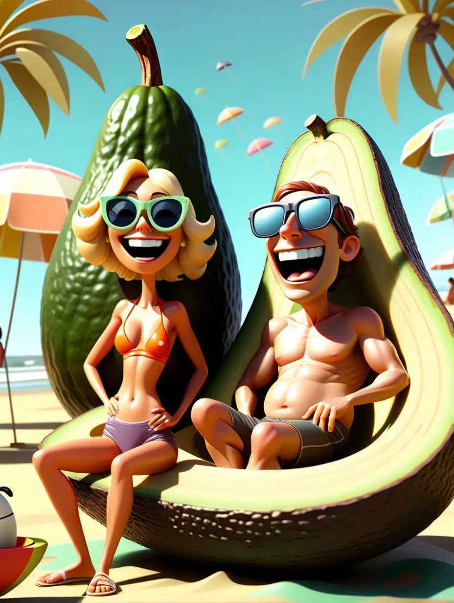 california dreaming on a beach, surfboards, with 2 silly cartoon partiers wearing sunglasses sitting on a big avocado. The people are silly and smiling comical; vivid scene, pixar style animation