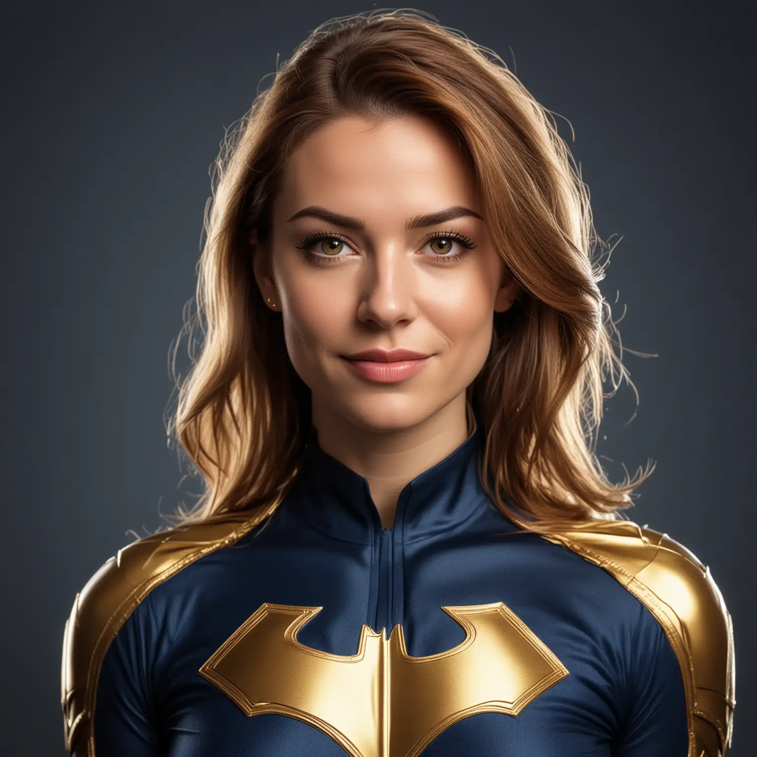 Create a headshot of a woman Client Success Manager 
 in dark blue and gold superhero clothes cinematic Marvel style