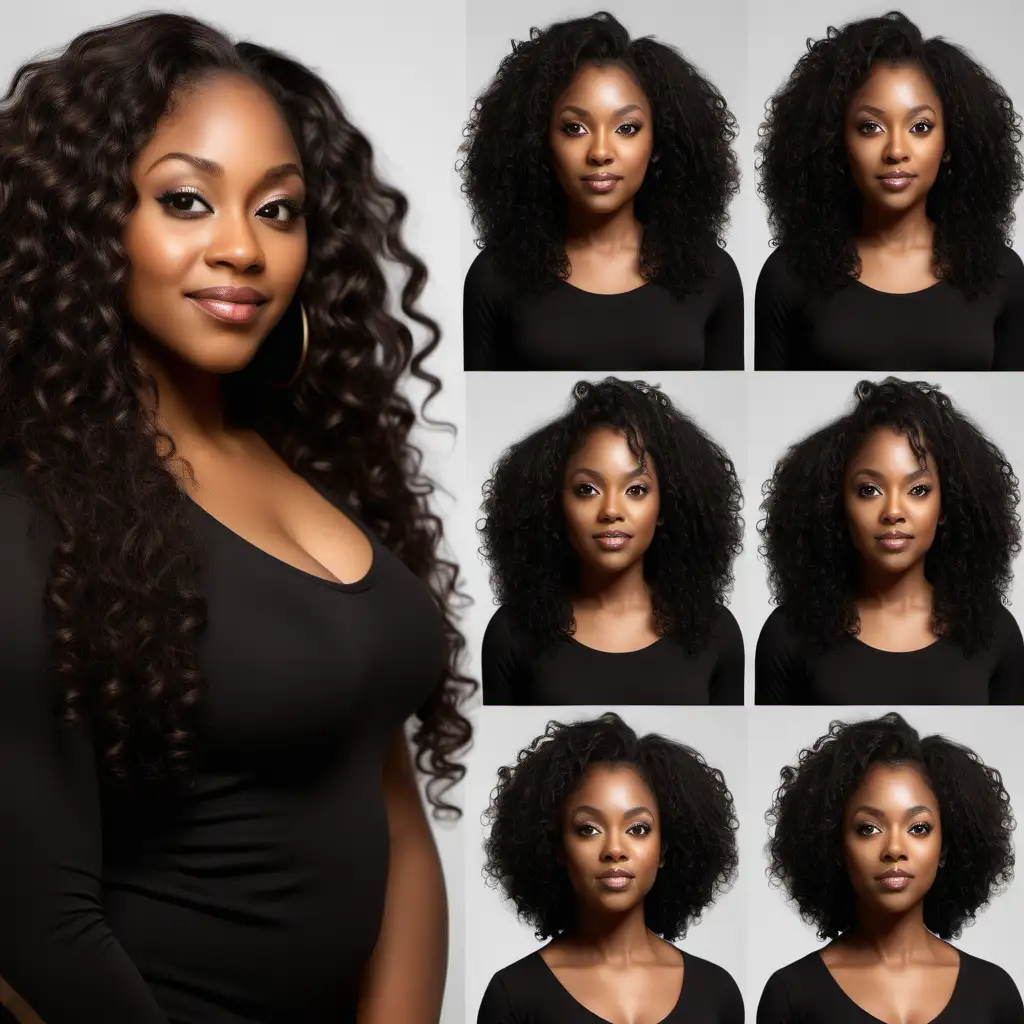 realistic photography of beautiful, 30-something black woman, long curly hair, character sheet, spacing and margins, multiple angles