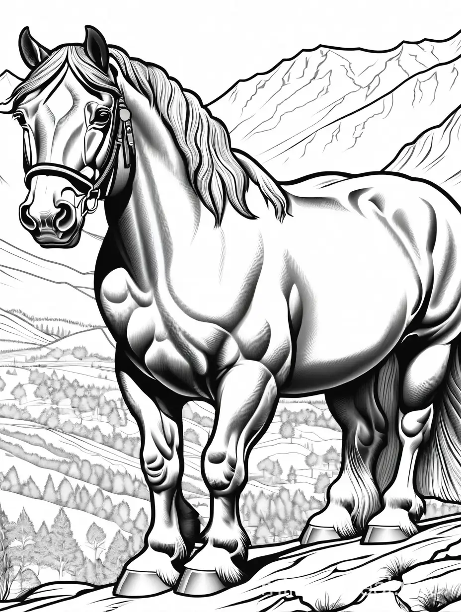 Draft Horse Coloring Page Majestic Stallion in Mountain Landscape