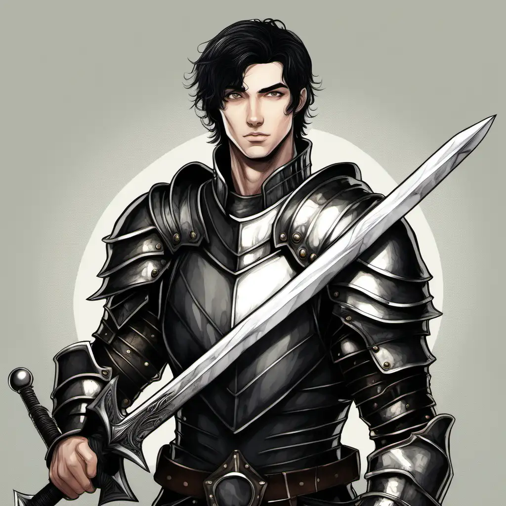 Slender, pale, black-haired 26 year old man in armor holding a big black sword with tired, kind eyes and an easygoing smile. Headshot, digital illustration
