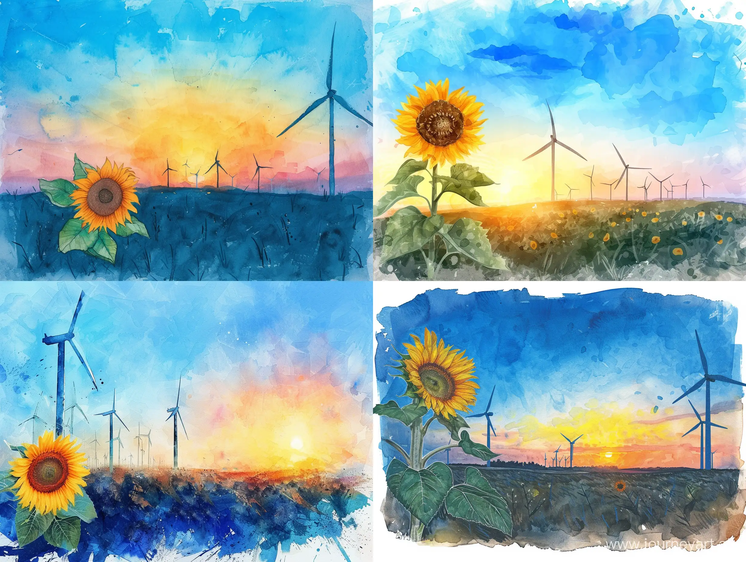 A field with a sunflower, on which there are wind turbines, against the background of a blue sunset sky, without clouds, artistically, watercolor, Claude Monet style
