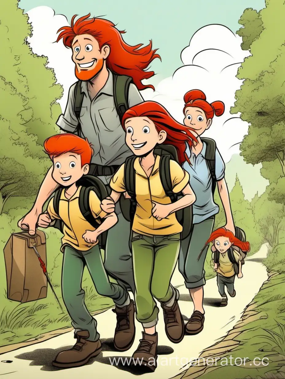 Семья рыжих отправляется в путешествие, мультяшный стиль