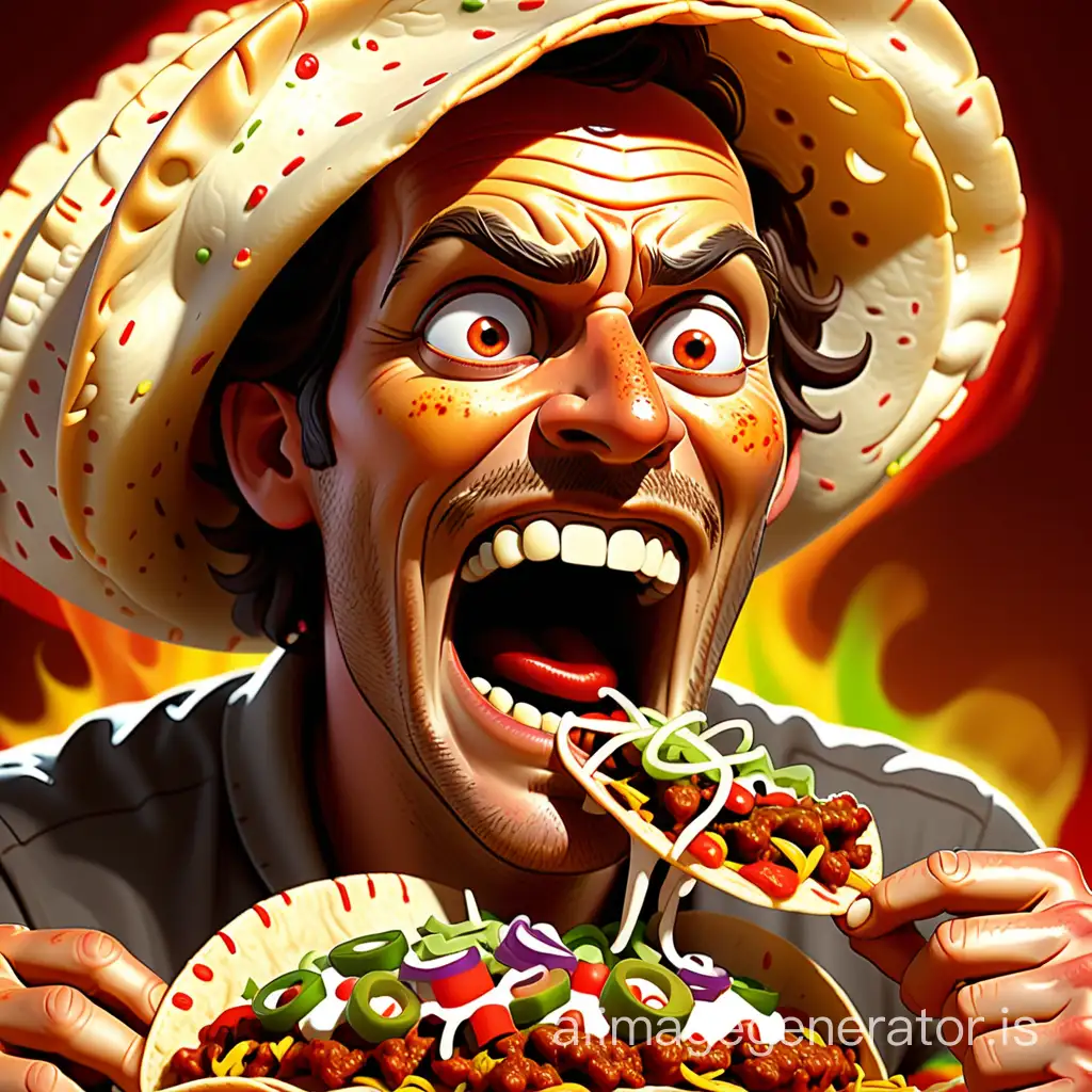 A man joyfully munching on a very spicy, hot and big taco with a extremely high Scoville count, it makes him squint and sweat, his eyes reddened, we can almost taste the spicyness, lowbrow art, a challenging mixed media taco restaurant advertisement