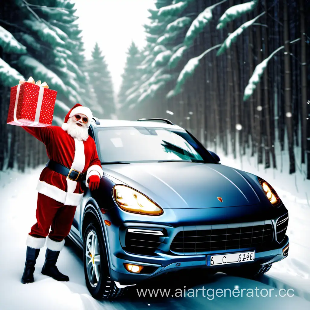 Stylish-Santa-Claus-in-a-Porsche-Cayenne-Brings-Festive-Gifts-to-a-Snowy-Wonderland