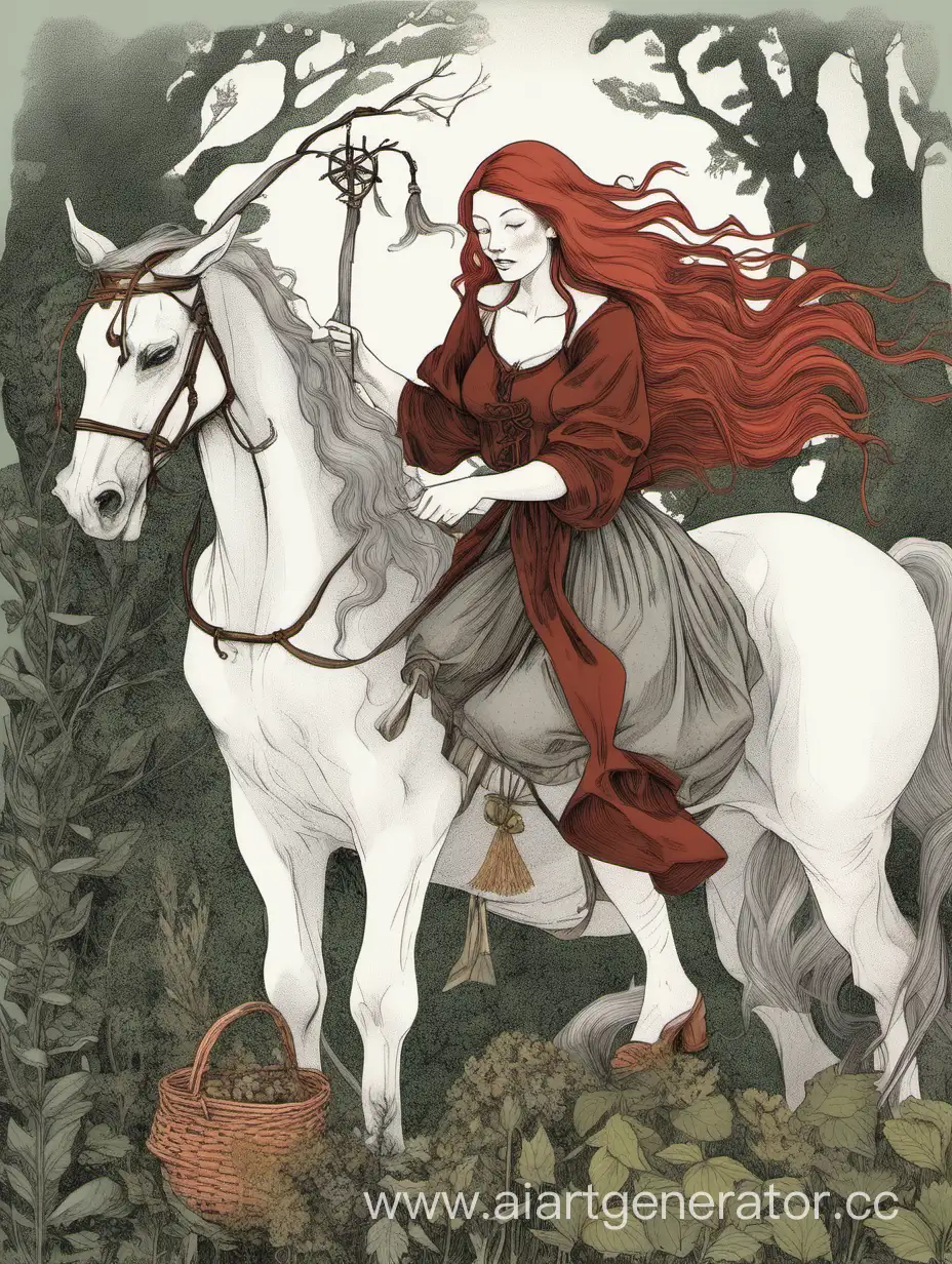 A red-haired woman with long hair. She is gathering herbs, and in her hand is a bow. She is a witch. She is sitting in a white horse with white hair 