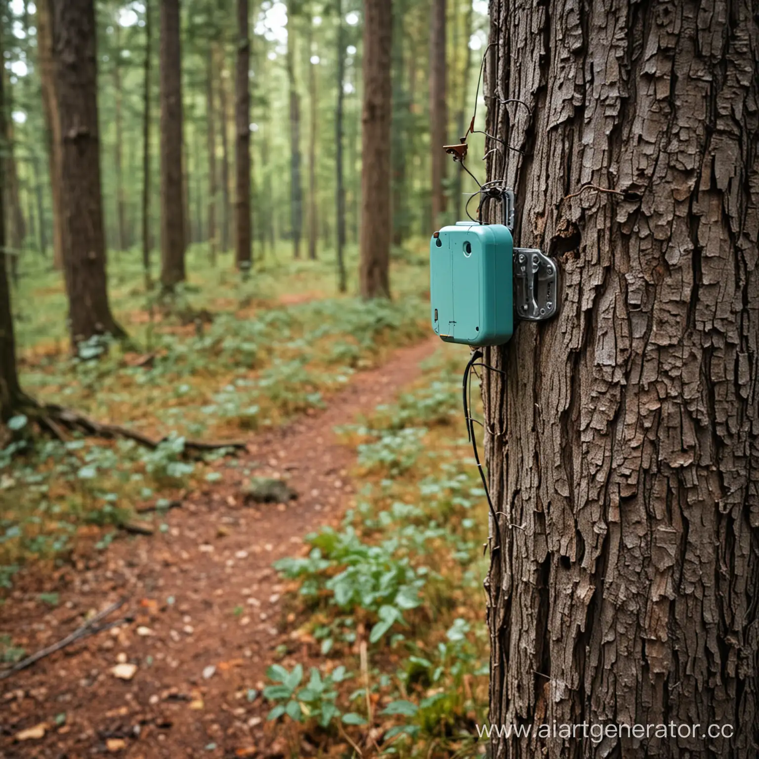 Маленькое устройство закреплённое на дереве среди леса