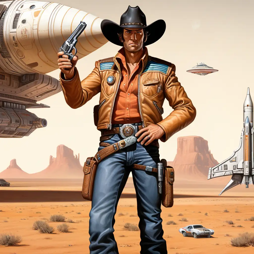 Space Cowboy with FastDraw Pistol in Front of Spaceship
