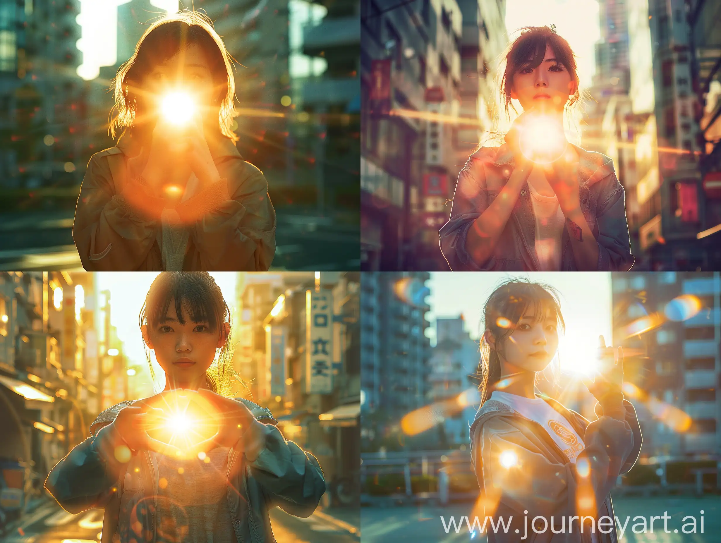 Japanese girl grips the sun amidst an urban backdrop, clothing casual and sporty, portrait exuding the visual flair of artists Carne Griffiths, full body, full shot, wide angle, Peter Lik, and Ralph Horsley, chiaroscuro enhancing the central figure, volumetric light casting diffuse illumination, reflections adding depth, cinematic light and effects heightening the scene's drama, executed in ultra fine detail, superior high quality, reminiscent of a realistic