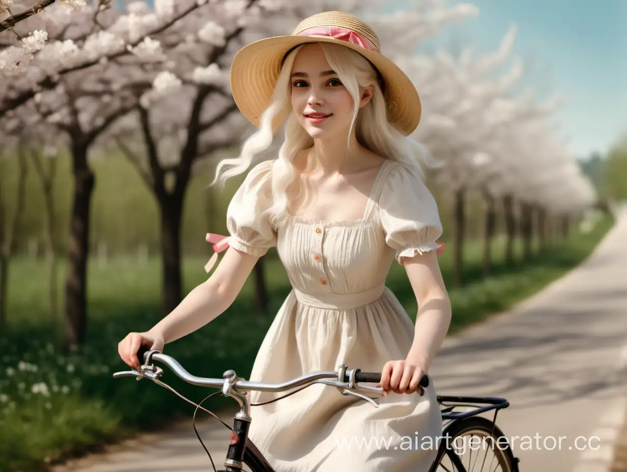 /представьте весенний пейзаж, на его фоне реалистичная европейской внешности девушка с белыми волосами, одета в легкое весеннее платье кремового цвета и на голове у нее соломенная шляпка с лентами, она едет на велосипеде, фон размывается, у девушки красивое лицо, весна, девушку видно всю, она едет боком
