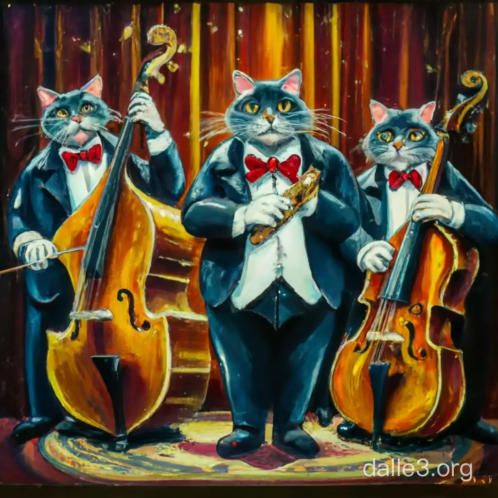 Толстые коты в смокинге играют концерт джаз. Инструменты, 4 кота, Детализация, реалистичность