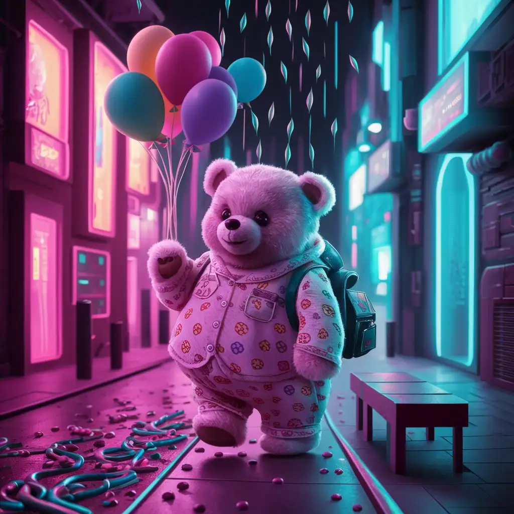 Cute teddy bear, fat, wearing pajamas, illustration style, walking on the street in cyberpunk style, candy rain in the sky, teddy bear holding balloons in his hand, sitting on the bench, high contrast tone