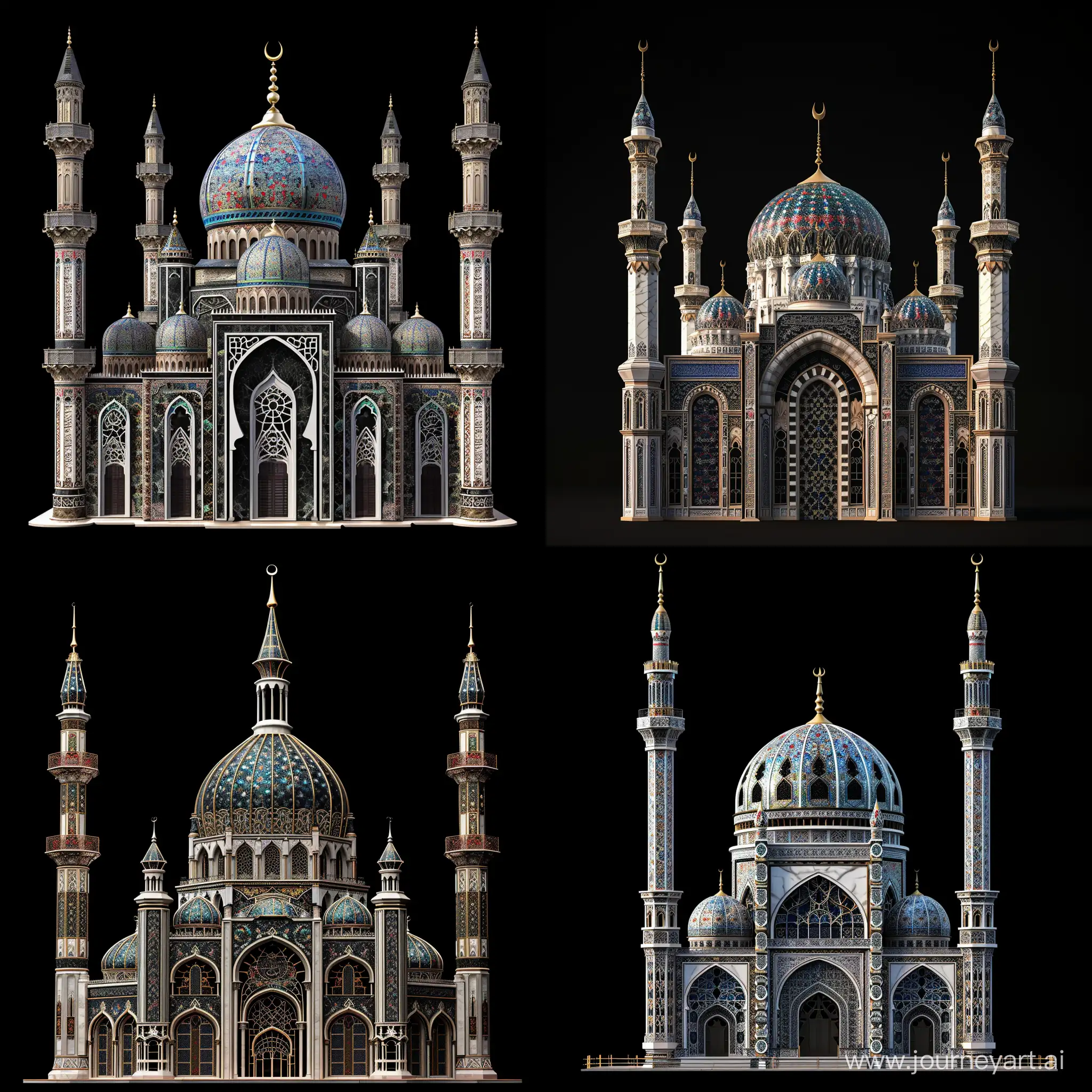 3d rendered: A tall highly ornamented cairo architecture mosque, timurid dome, thin decorative spires and mamluk minarets, Umayyad architecture patterned White black marbled facade, blue red finely thin floral Persian tiles on spandrels, islamic arabesque openwork lattice windows, shiny gold finial, multi storey, black background, full view, front view, symmetric