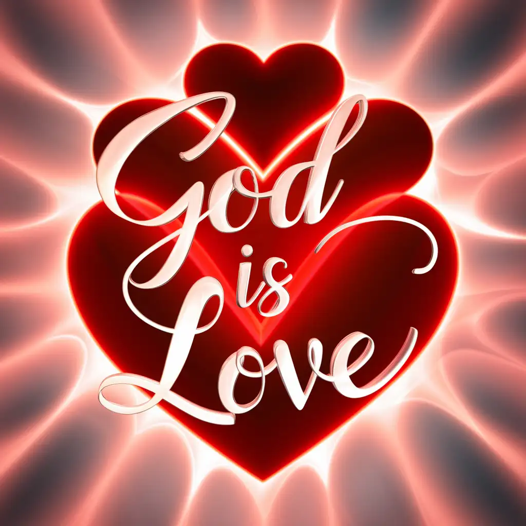 The words “God Is Love” surrounded by 3D hearts, with a lighted background 