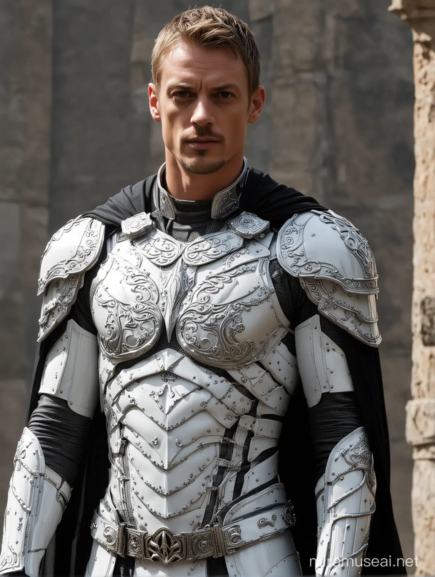 Joel Kinnaman in White Armor with Silver Details and Black Cape