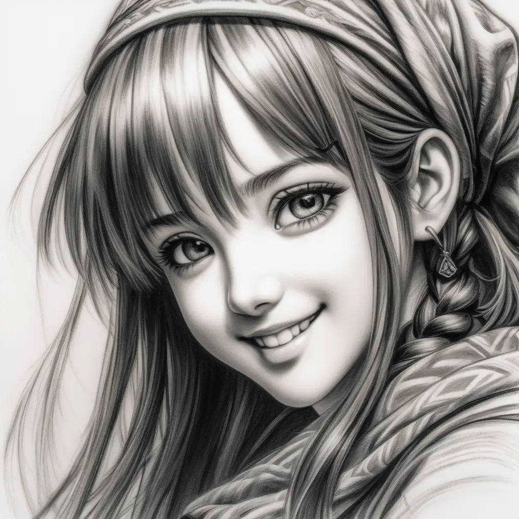 Produce a charcoal sketch portrait of a beautiful anime woman mid-30s, beautiful smile, messy long hair, wear head scarf, focusing on capturing the essence of her character. Highlight delicate features and expressive eyes with soft shading, allowing the charcoal strokes to convey both subtlety and depth. Explore the interplay of light and shadow to emphasize her charm, and pay attention to intricate details such as hair strands and accessories. Strive for a balance between realism and the unique stylized nature of anime, creating a captivating and timeless charcoal portrait, angle from below, intricate details, detailed face, detailed eyes, hyper realistic photography,--v 5, unreal engine