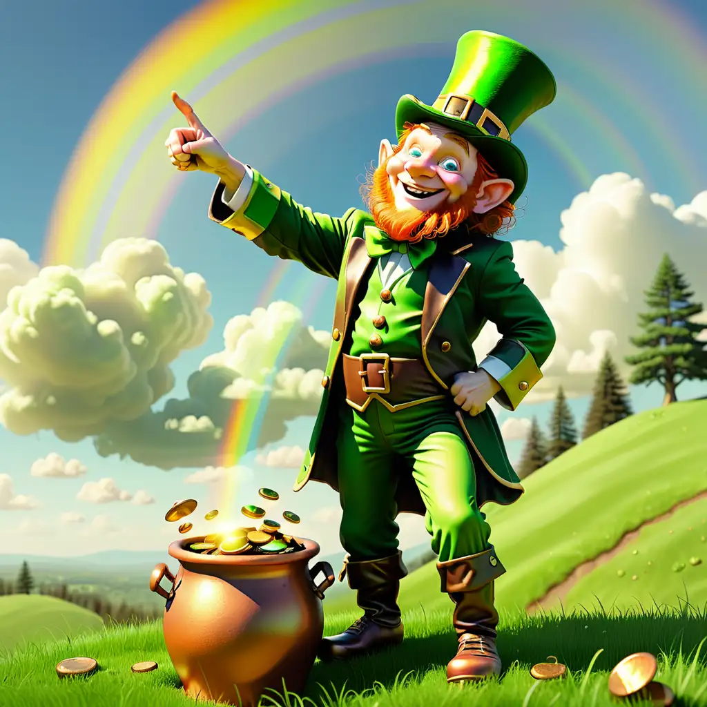 Leprechaun pointing up at the sky with one hand.  He is standing on a grassy hill with a pot of gold at his feet. 