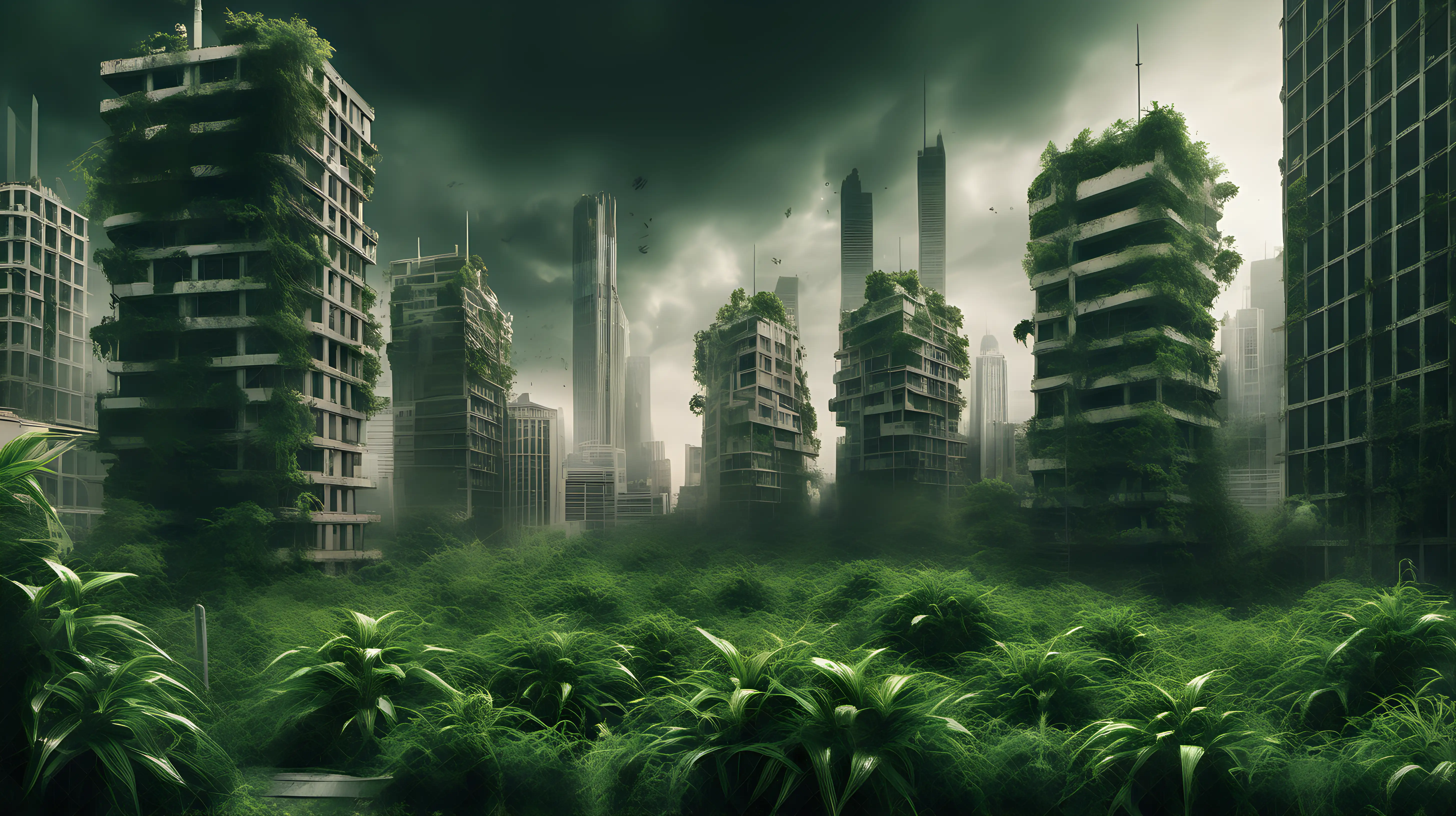 Apocalyptic Cityscape with Overgrown Plants