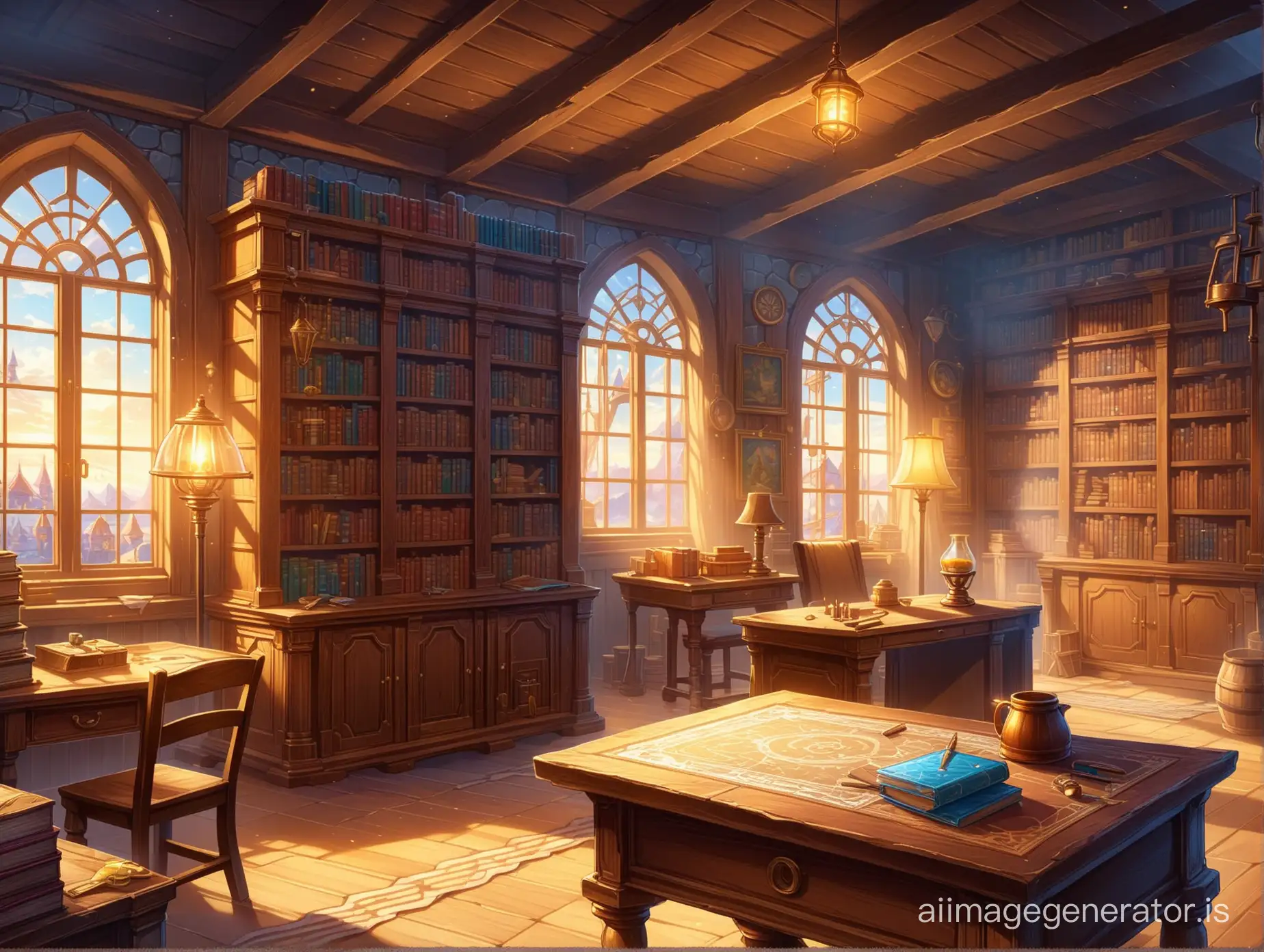 there is a desk with a lot of stuff on it, interior background art, 8k high quality detailed art, room background, detailed game art illustration, detailed painting 4 k, alchemist library background, find the hidden object, highly detailed scene, room of the nameless painter, cluttered room, hq very detailed, background art, painting of a room, ultra detailed ,ultra clear edge, ultra sharpen , clear , animated, digital art, 2d game art, Genshine impacts style, 