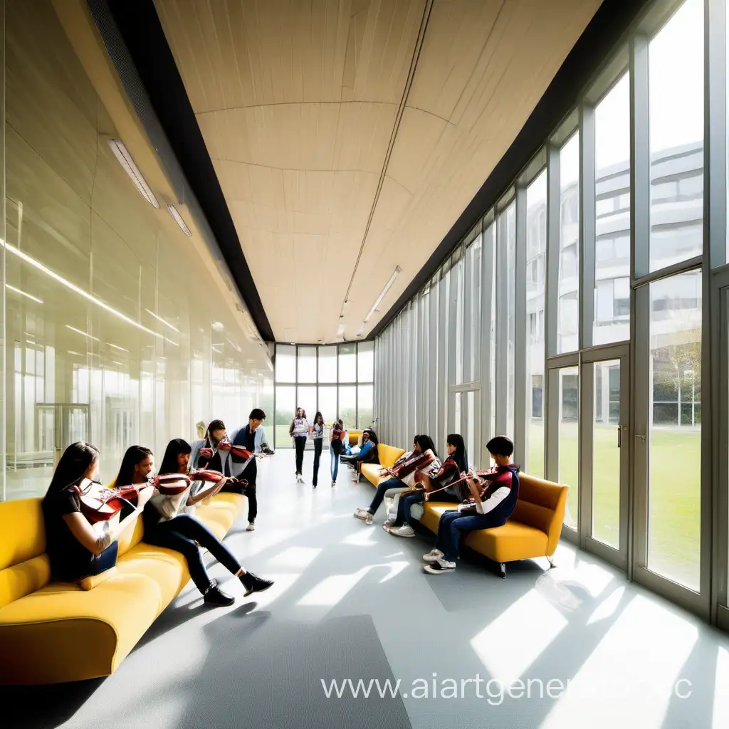 Красивый коридор с панорамными окнами, студенты сидят на диванах и общаются, студенты стоят играют на скрипках