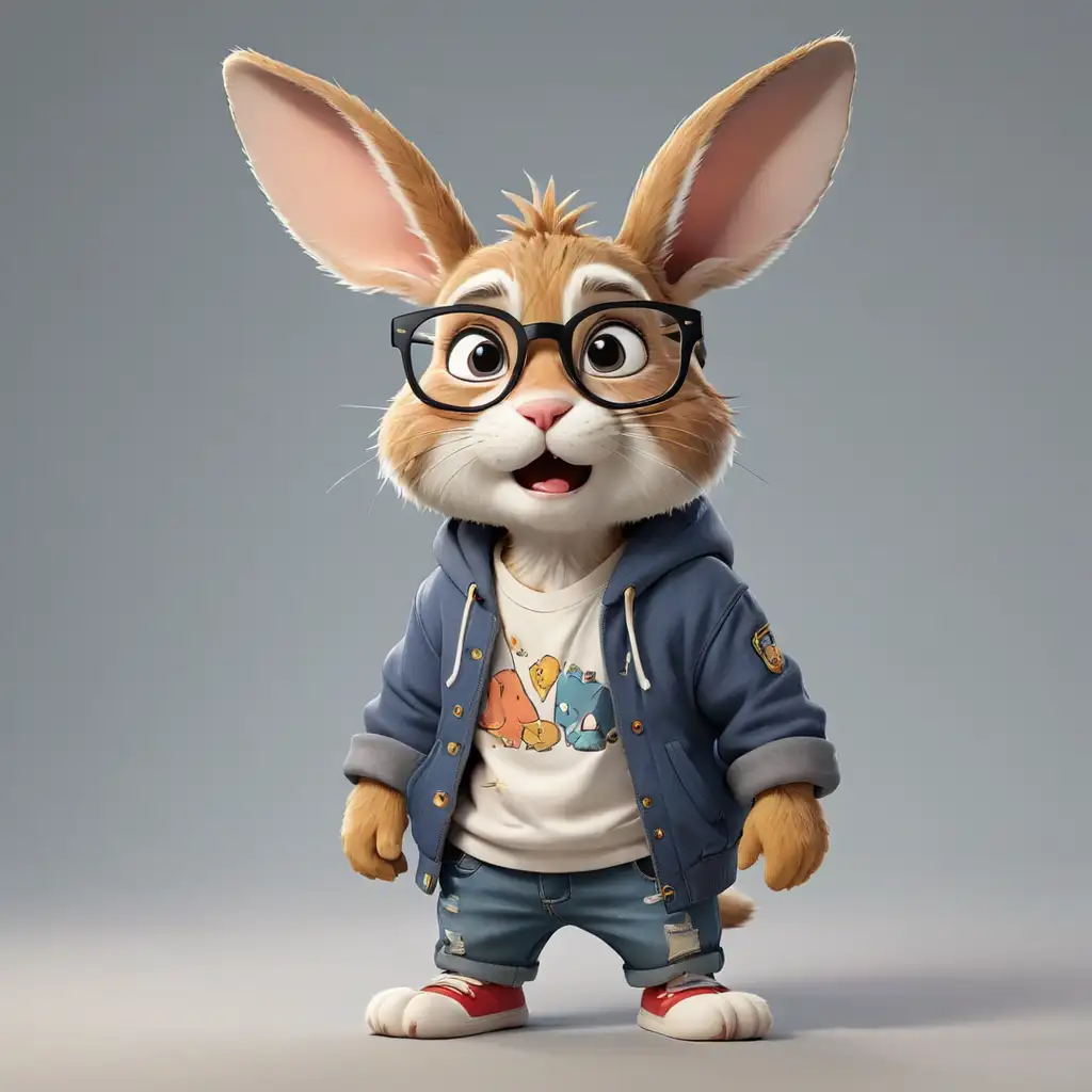 a crying rabbit in cartoon style in full body with Designer clothes with glasses with clear background