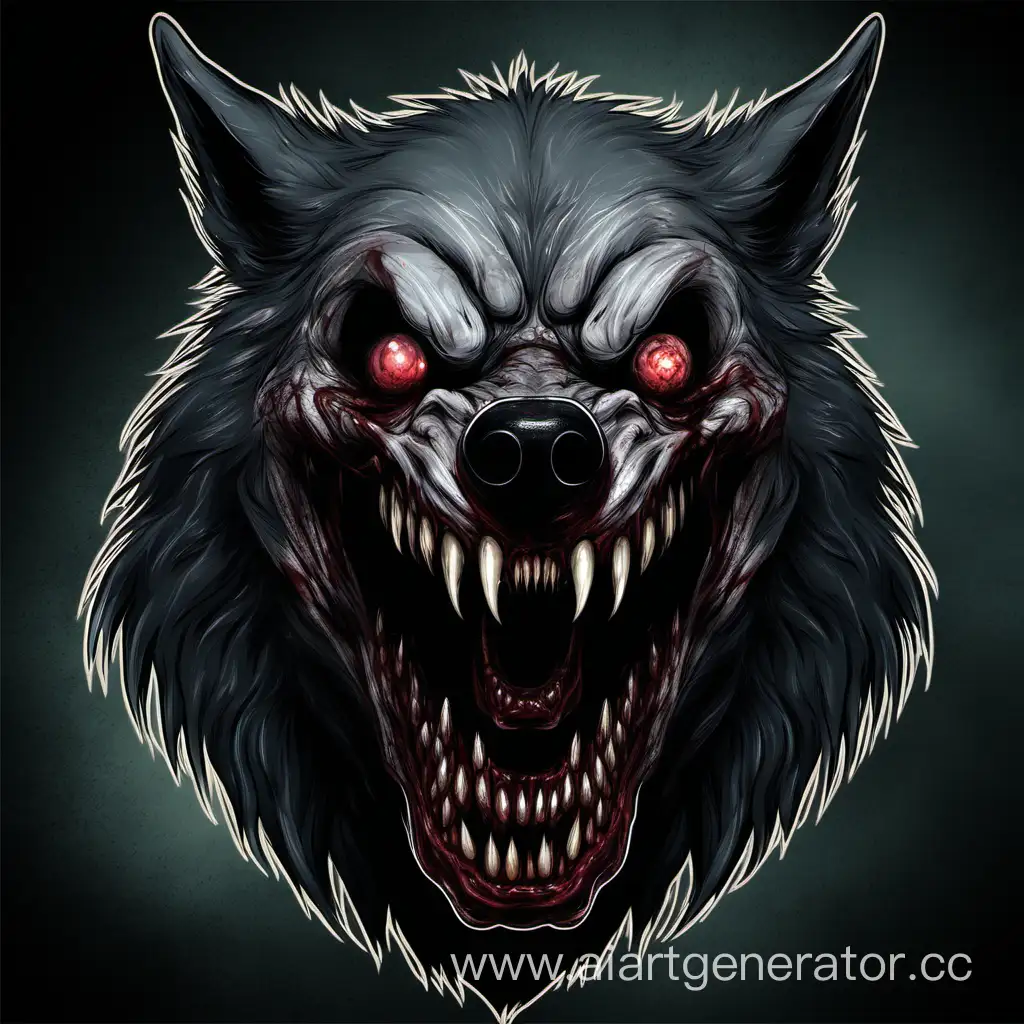 Horror, Terrible Big wolf muzzle, Big Horrible eyes, Big skinless mouth.