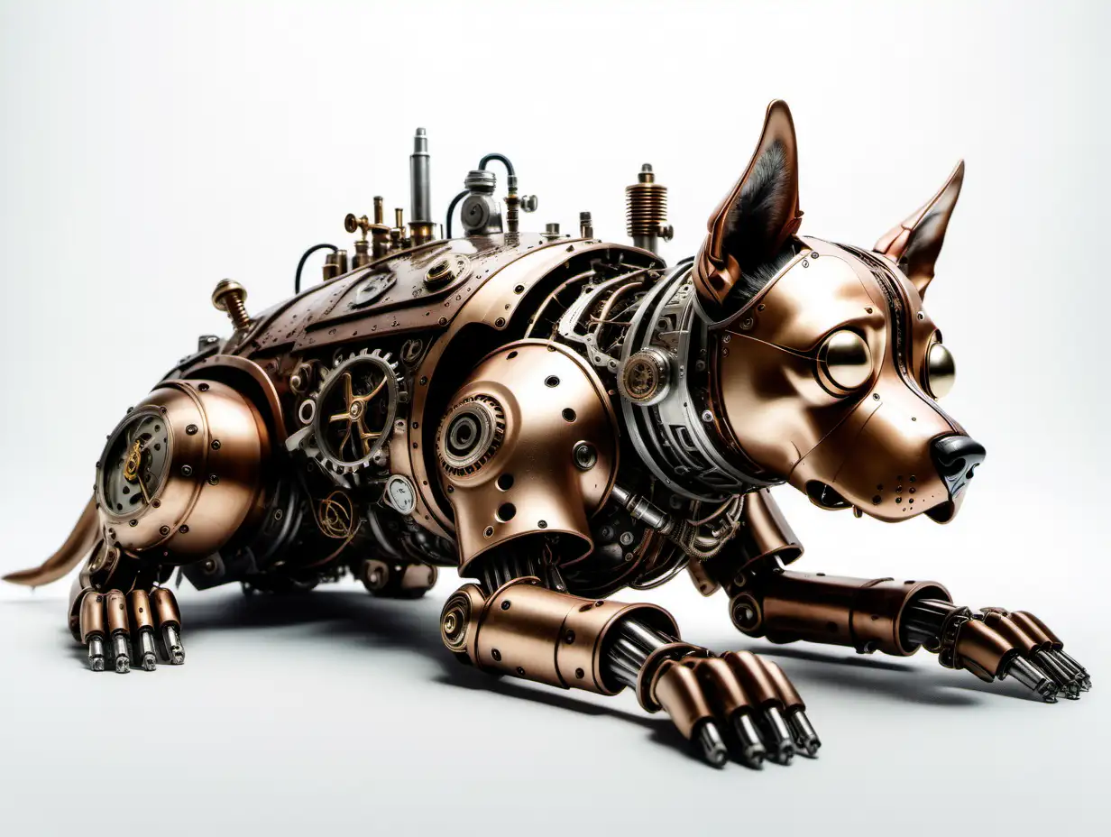 A steampunk-inspired sleeping robotic dog with its head on the floor, facing the camera, against a solid white background, no shadows. Photographic quality.