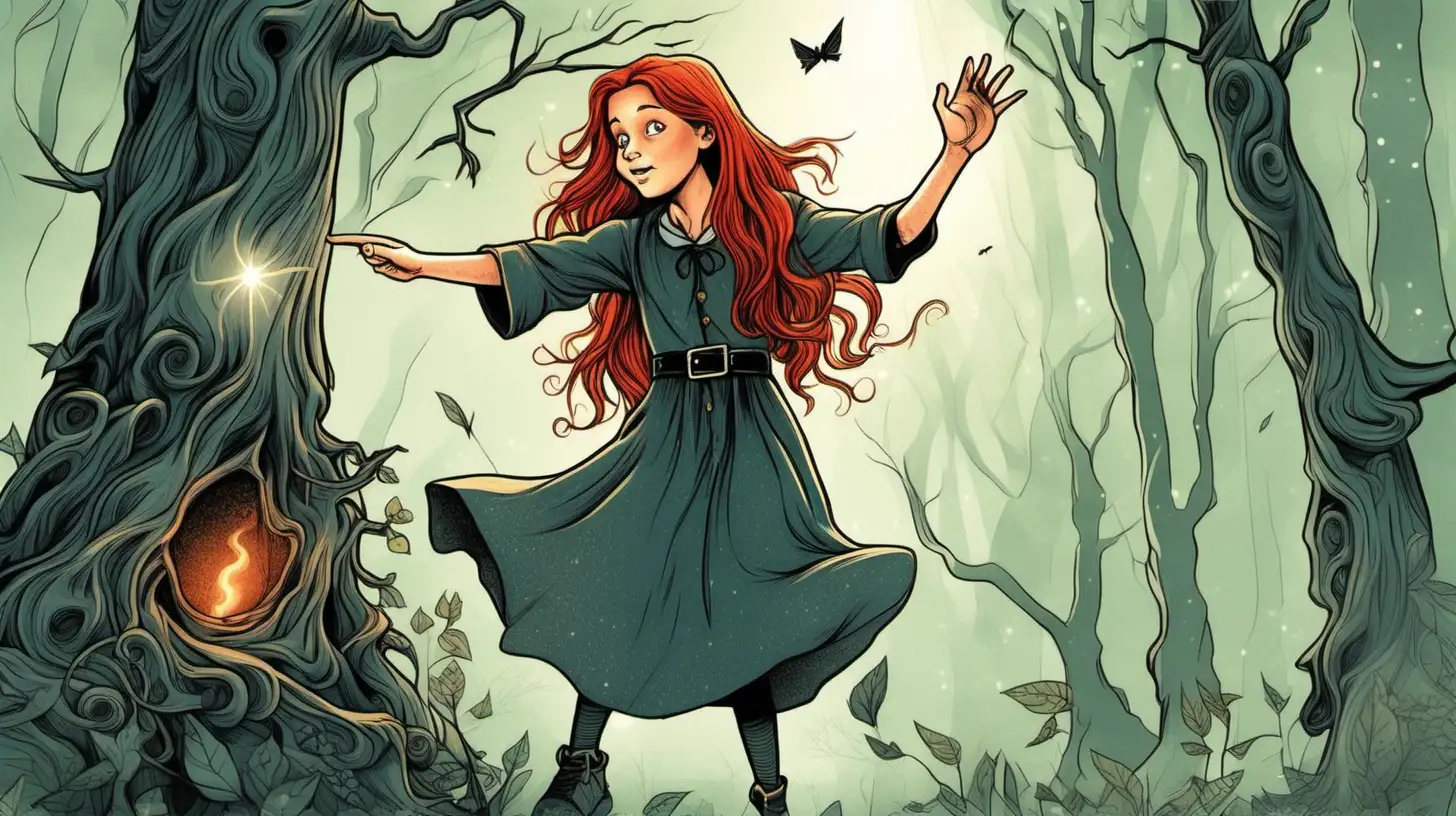 RedHaired Young Witch Casting Enchantment on Forest Tree